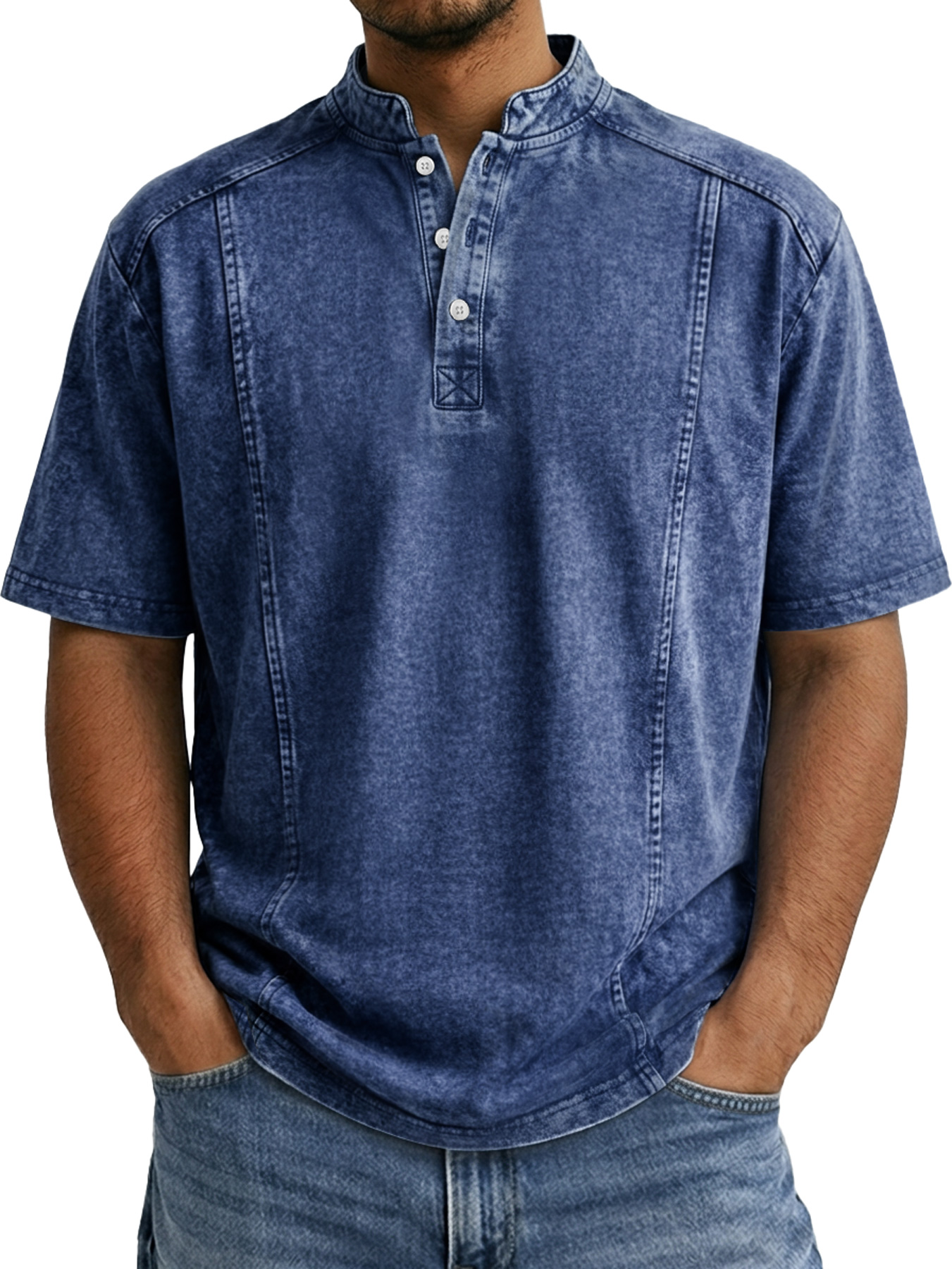 Men's Retro Deconstructed Stand Collar Casual Short Sleeve Henley Shirt
