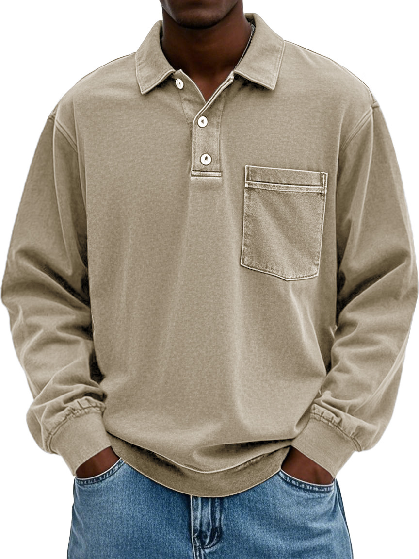 Men's Stylish Vintage Distressed Pocket Lapel Long-sleeved Polo Shirt