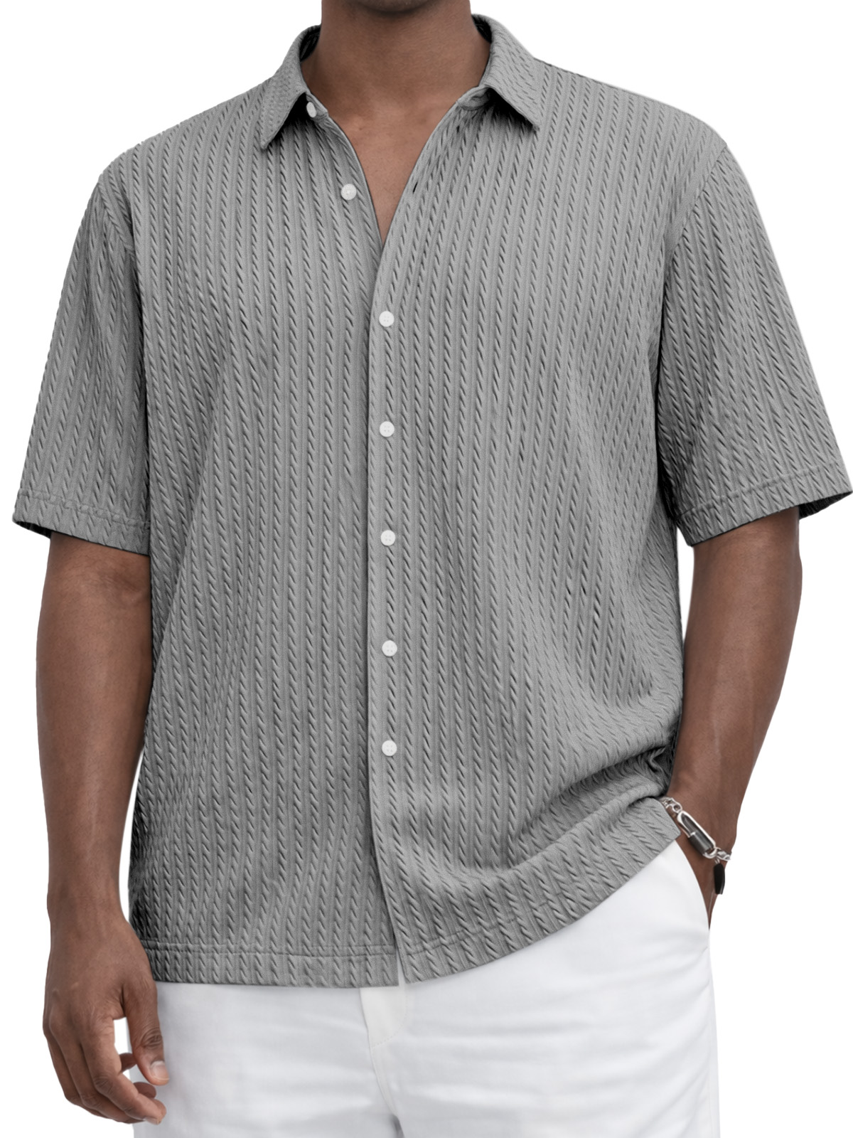 Everyday Casual Solid Color Textured Short-Sleeve Shirt