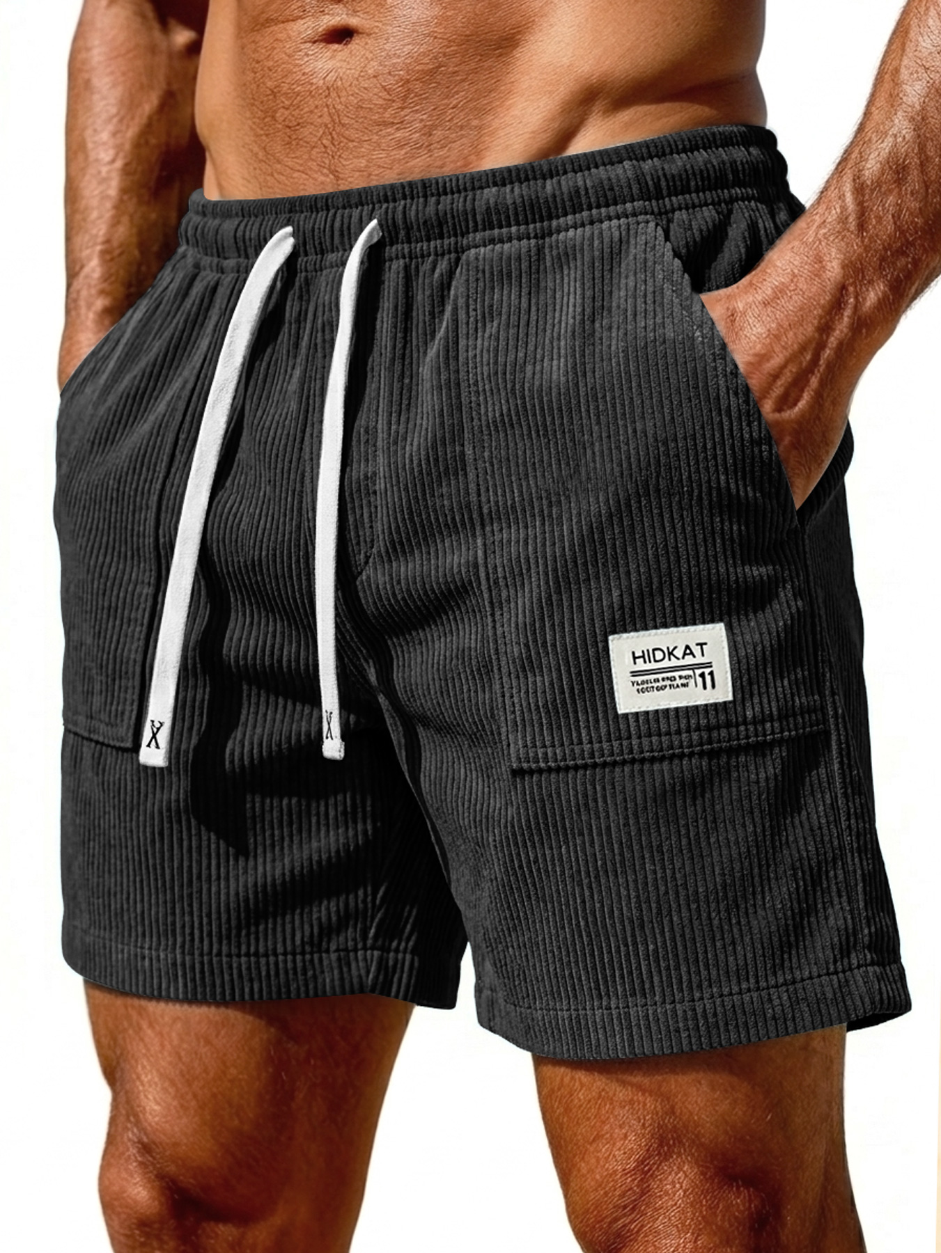 Men's Retro Corduroy Patch Pocket Embroidered Logo Casual Shorts