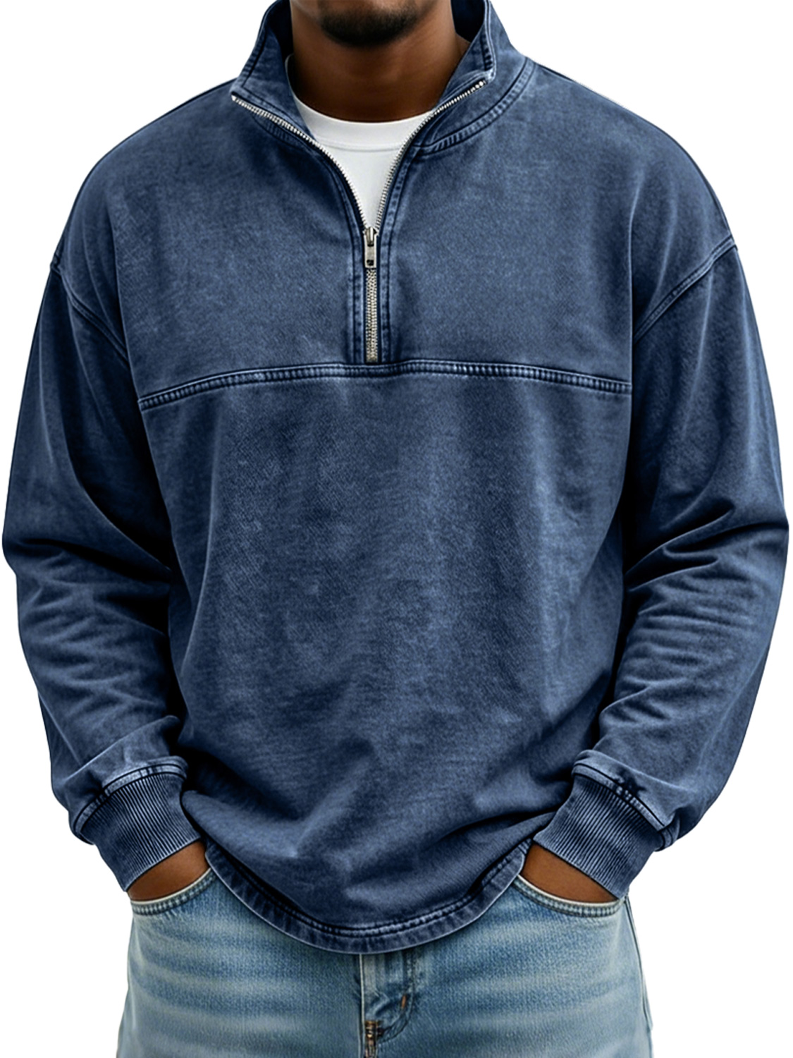 Men's Vintage Stand-collar Long-sleeved T-shirt With Zipper And Contrasting Stitching Design