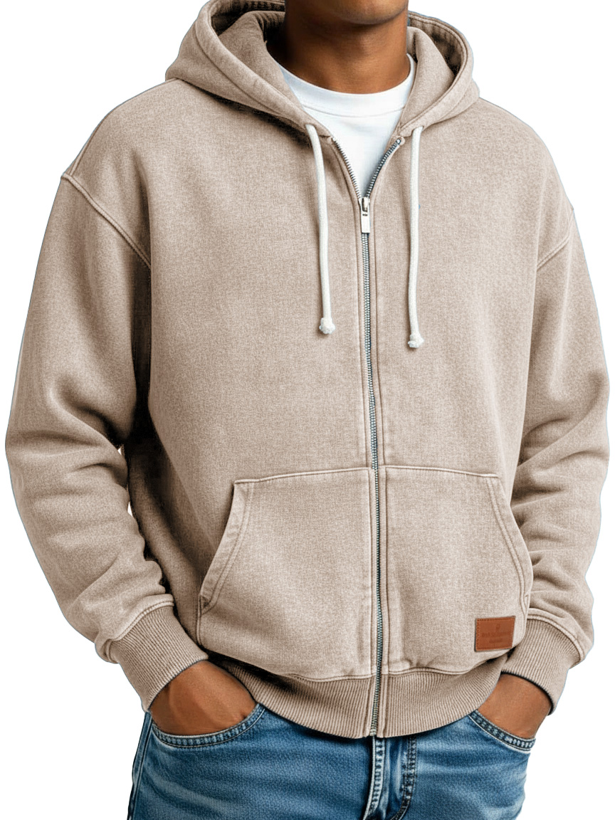 Men's Clothing Fashion Retro Vintage Embroidery Logo Leather Card Long-sleeved Cardigan Pocket Hoodie