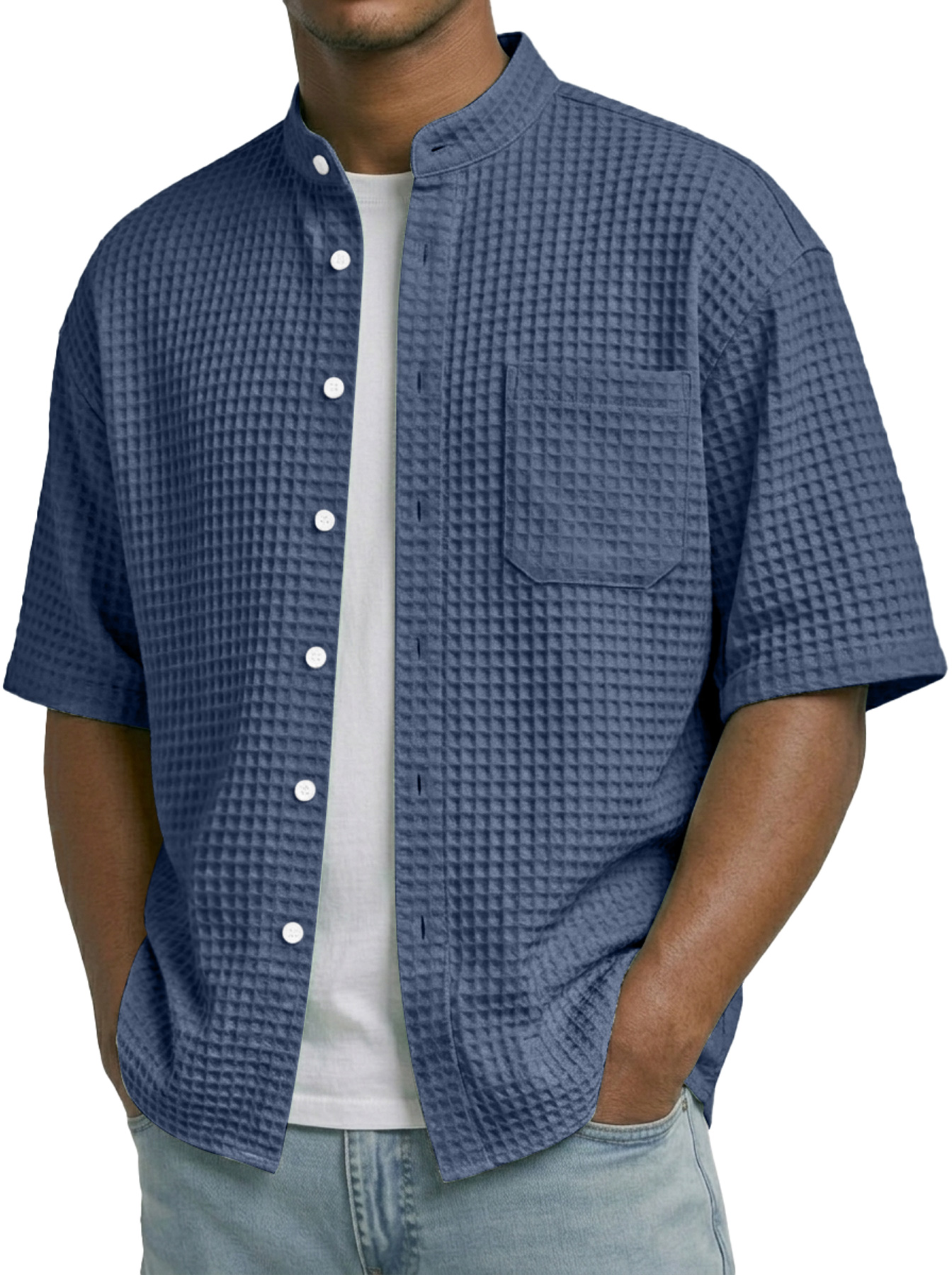 Men's Waffle Collar Stand Collar Pocket Casual Short-Sleeve Shirt