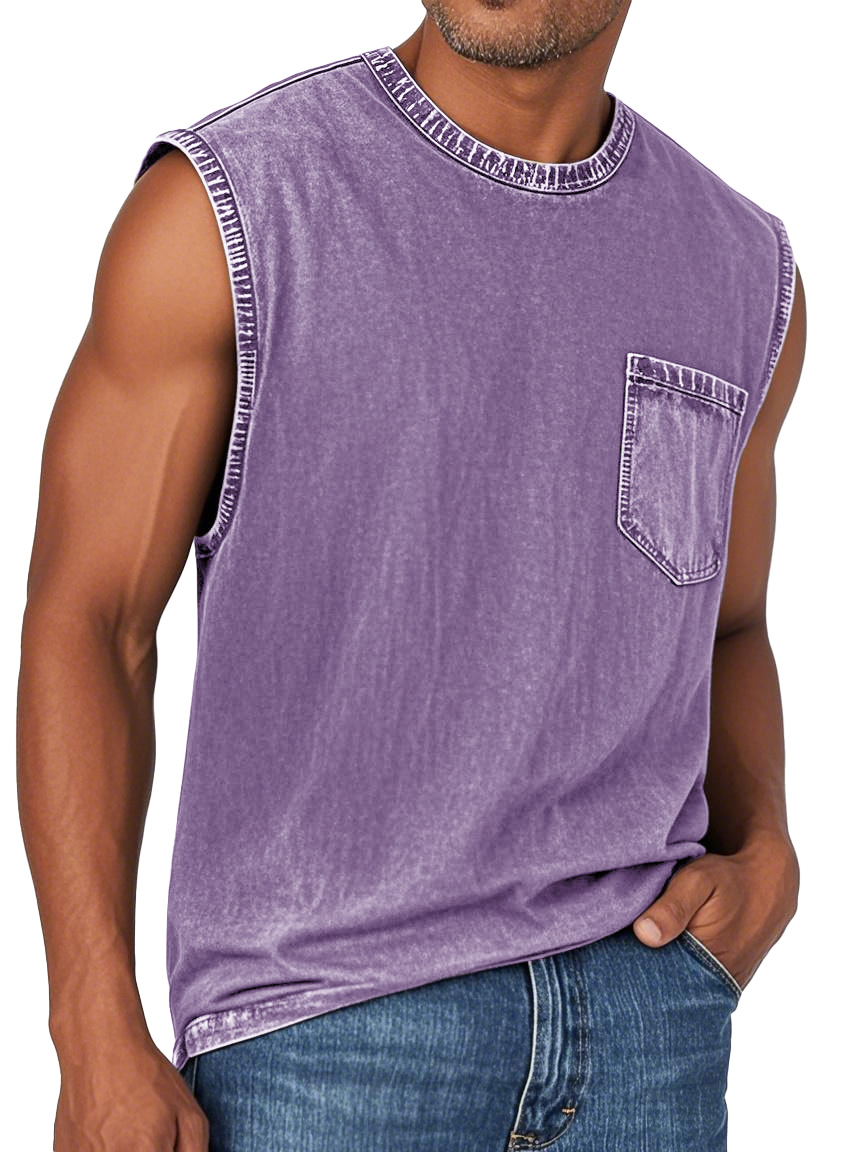 Men's Fashion Retro Washed Round Neck Pocket Sleeveless T-shirt