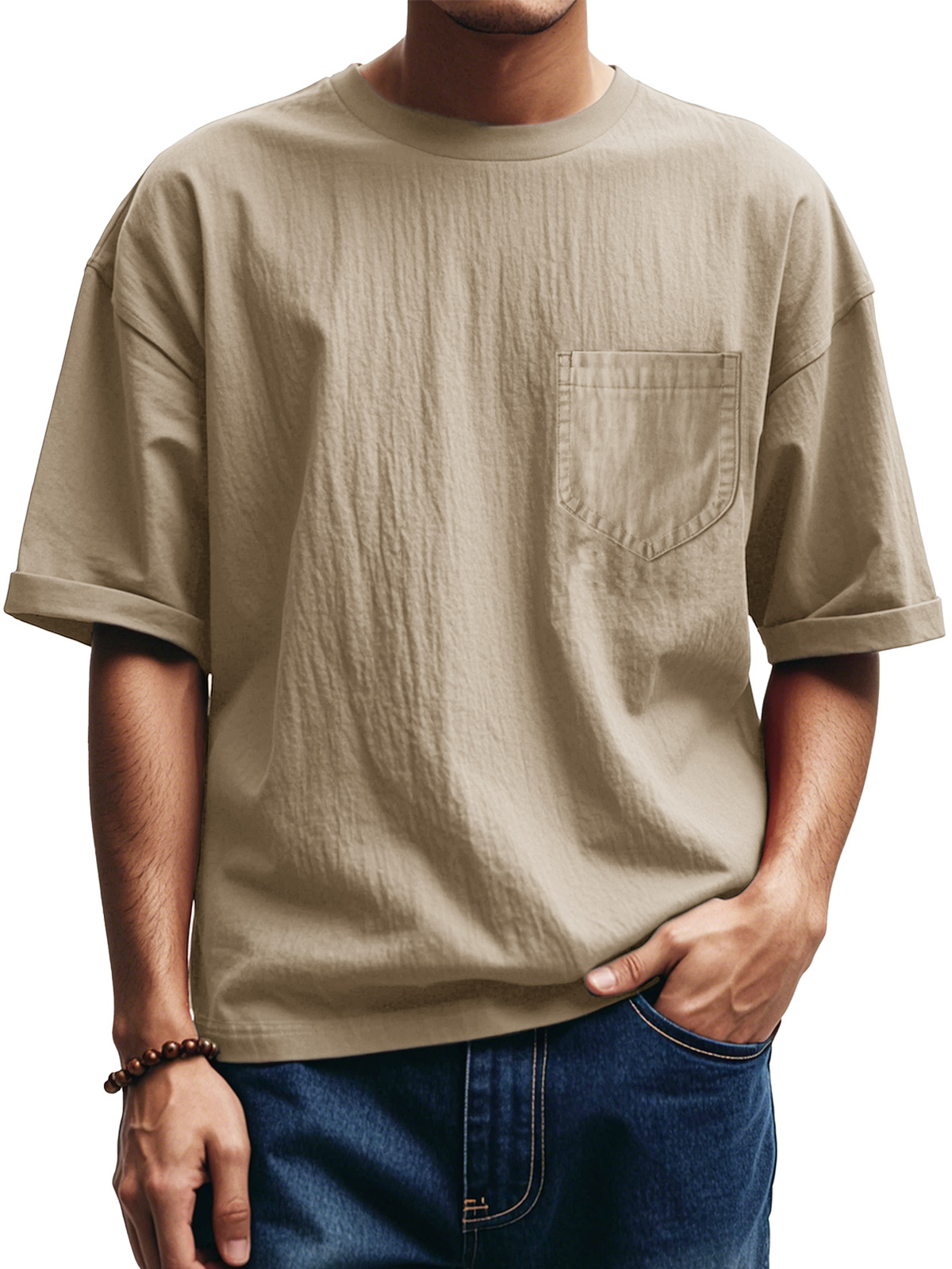 Men's Fashion Casual Pleated Round Neck Short Sleeve Pocket T-Shirt
