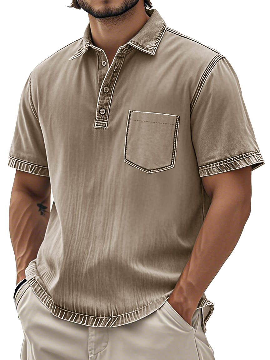 Men's Fashion Retro Washed Cotton Lapel Pocket Polo Shirt
