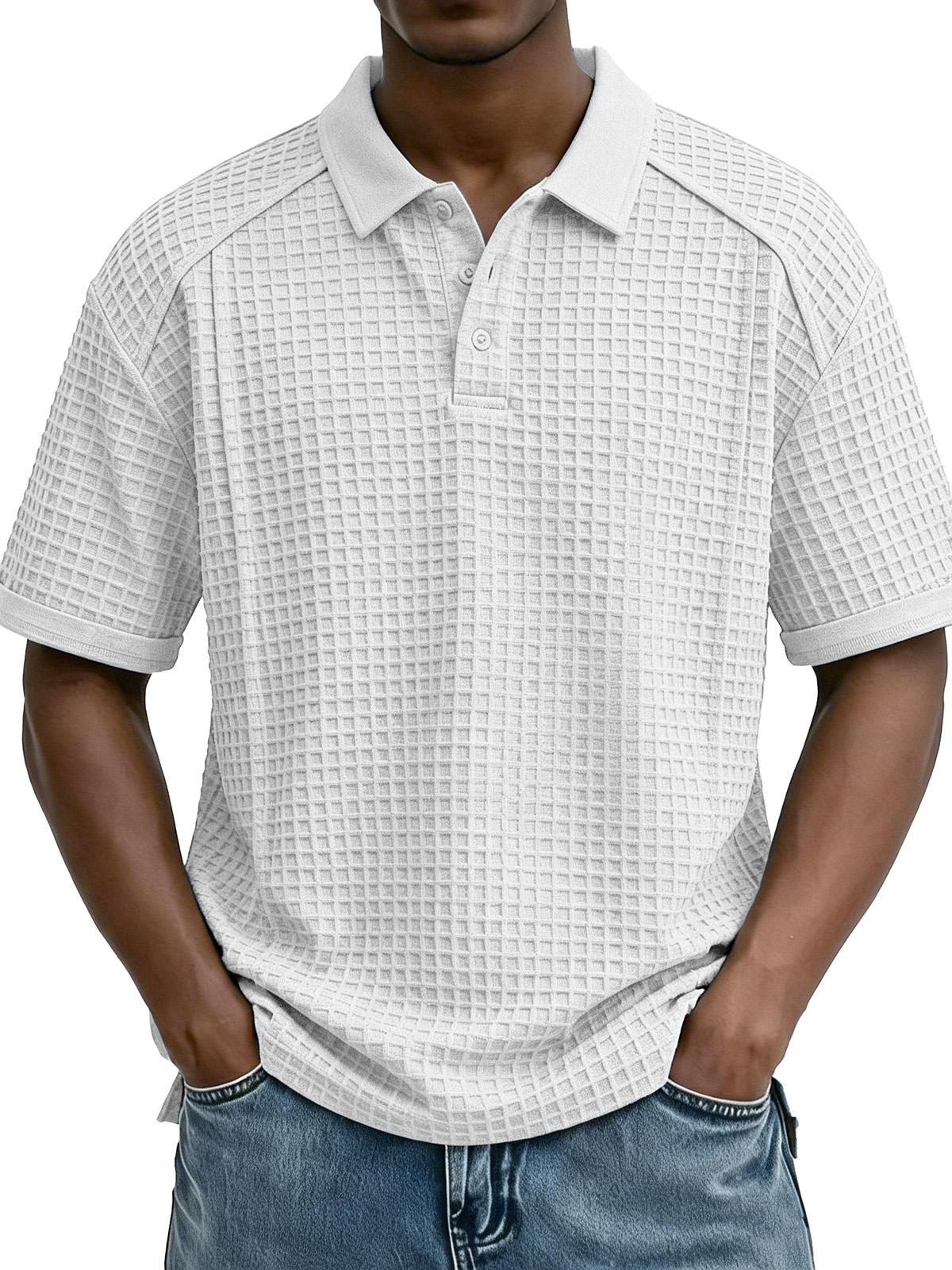 Men's Fashion Retro Waffle Fabric Collared Short-Sleeve Polo Shirt