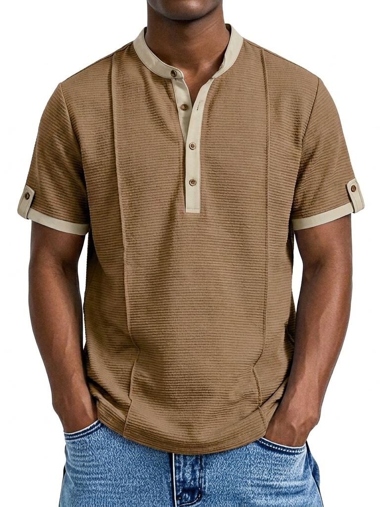 Men's Retro Textured Vacation Casual Henley Short Sleeve Shirt