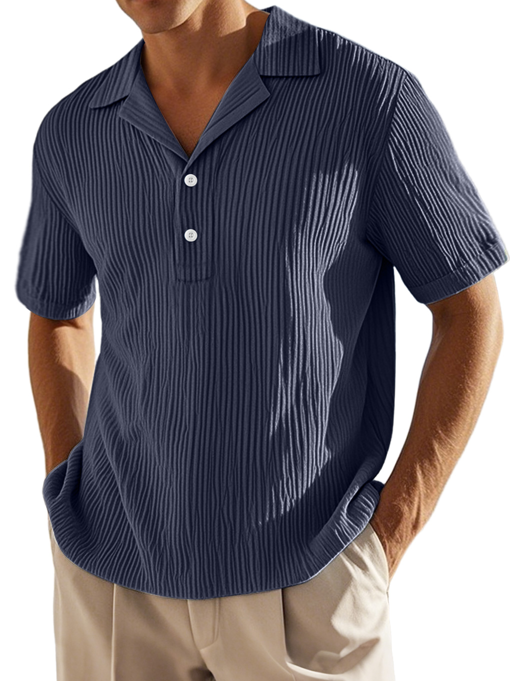 Men's Daily Lapel Button-down Ribbed Casual Short-sleeved Polo Shirt