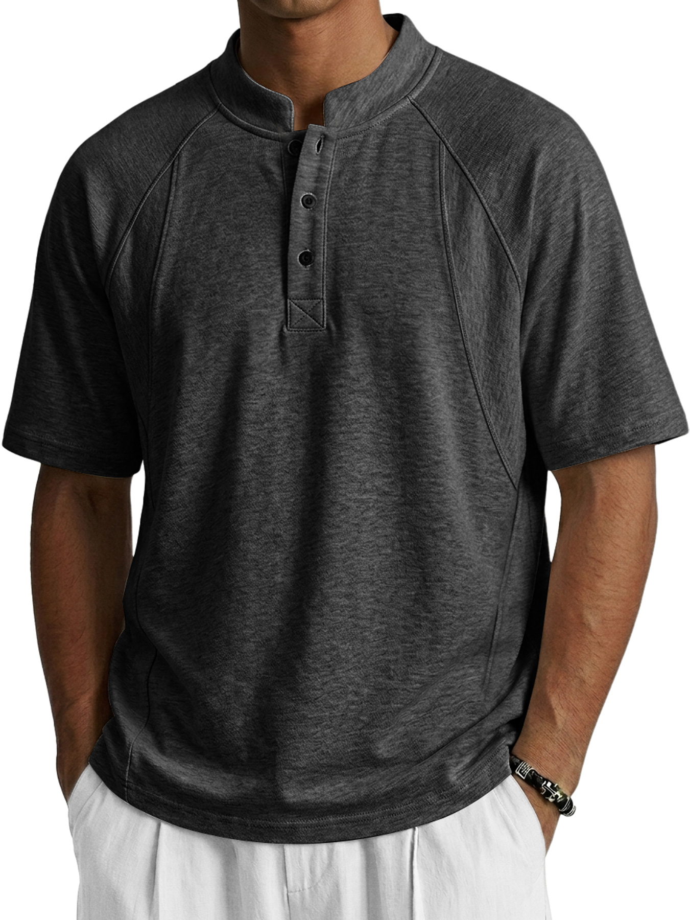 Men's Deconstructed Design Stand-up Collar Button Casual Short-sleeved Henley Shirt