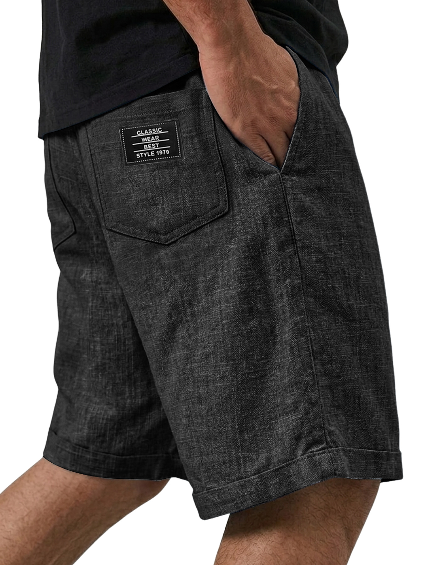 Men's Casual Solid-Color Linen Shorts with Embroidered Logo