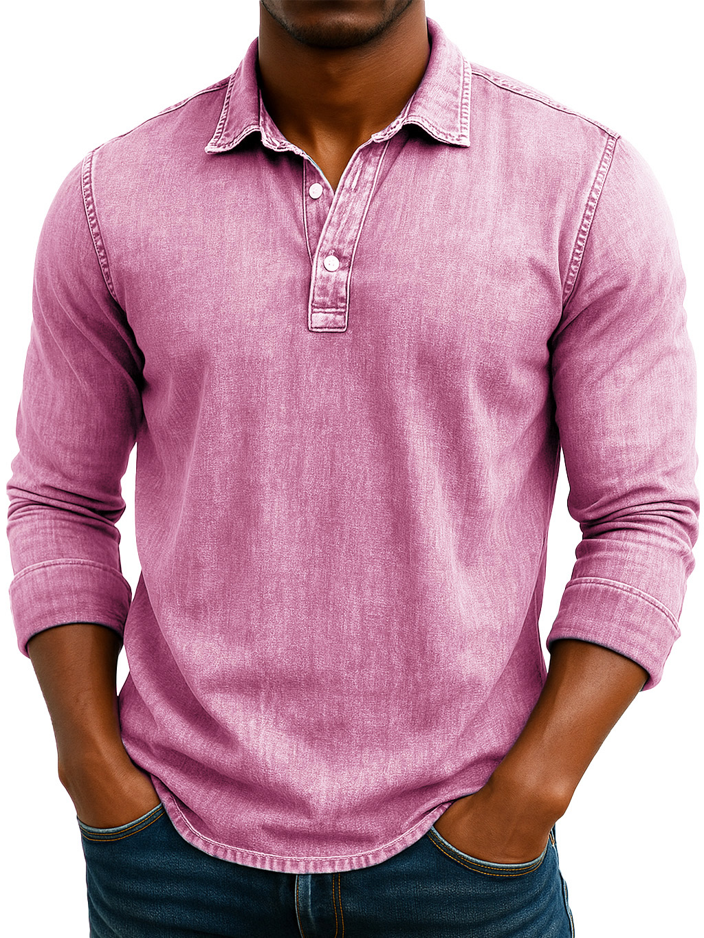 Men's Stylish Retro Washed And Distressed Lapel Long-sleeved Polo Shirt