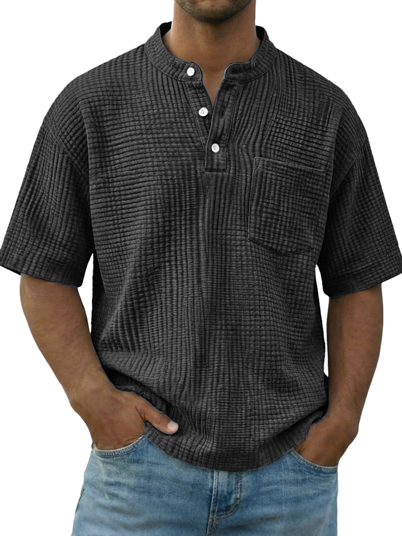 Men's Casual Wrinkled Comfortable Short-sleeved Henley Shirt With Pockets