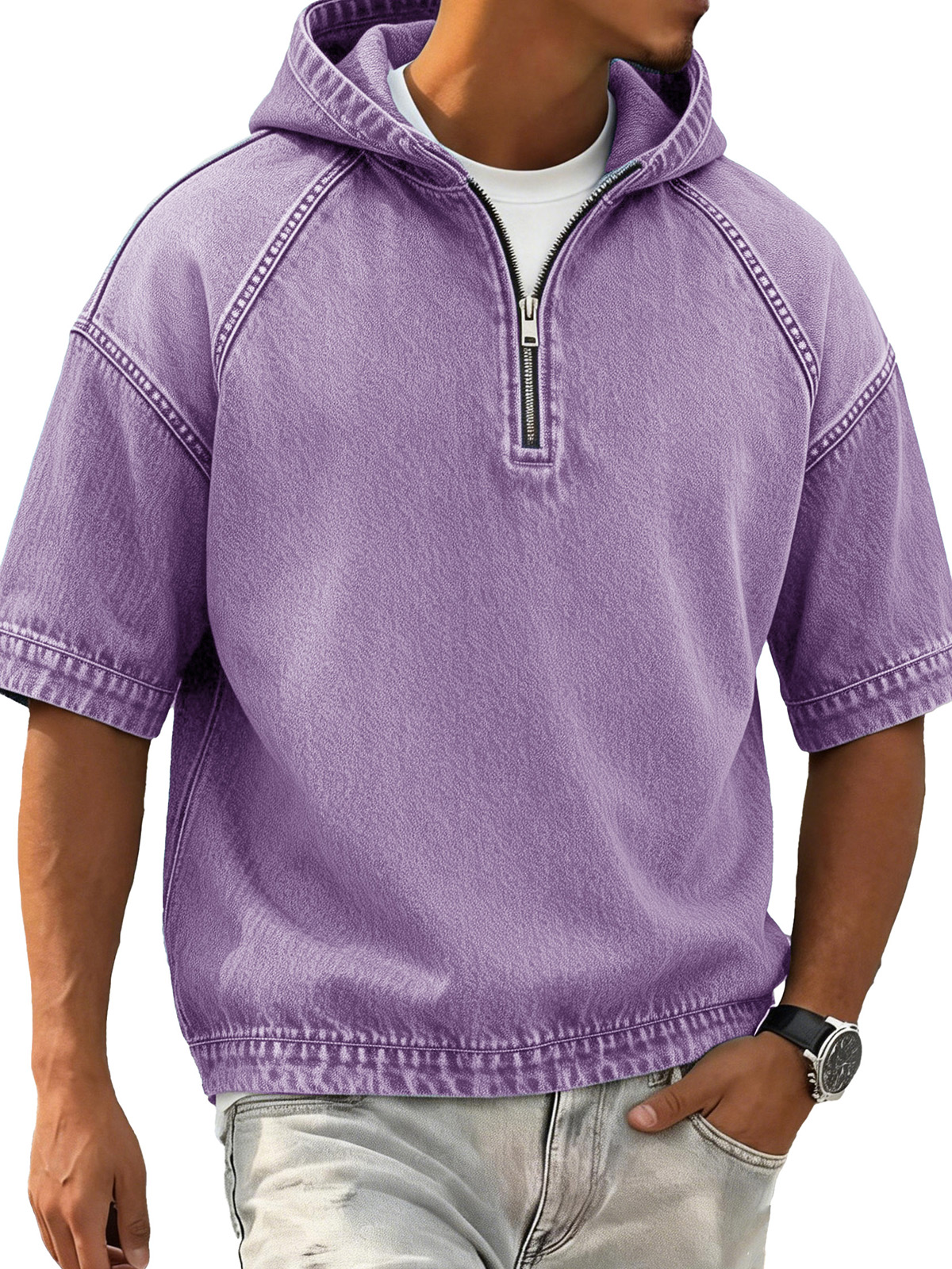 Men's Retro Distressed Raglan Short-Sleeve Sporty Hoodie