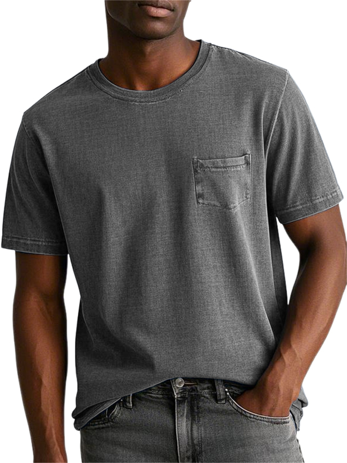 Men's 100% Cotton Washed And Distressed Retro Pocket Round Neck Short-sleeved T-shirt