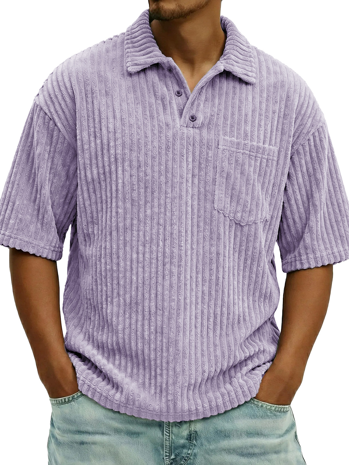 Men's Fashionable Ribbed Pocket Collar Short-Sleeve Polo Shirt