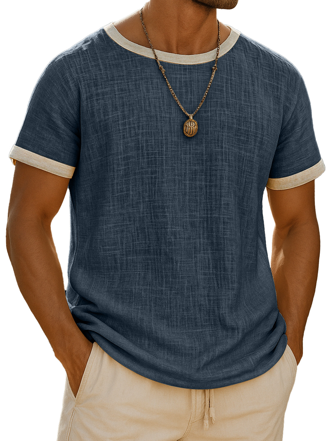 Men's Retro Daily Round Neck Colorblock Casual Short Sleeve T-shirt
