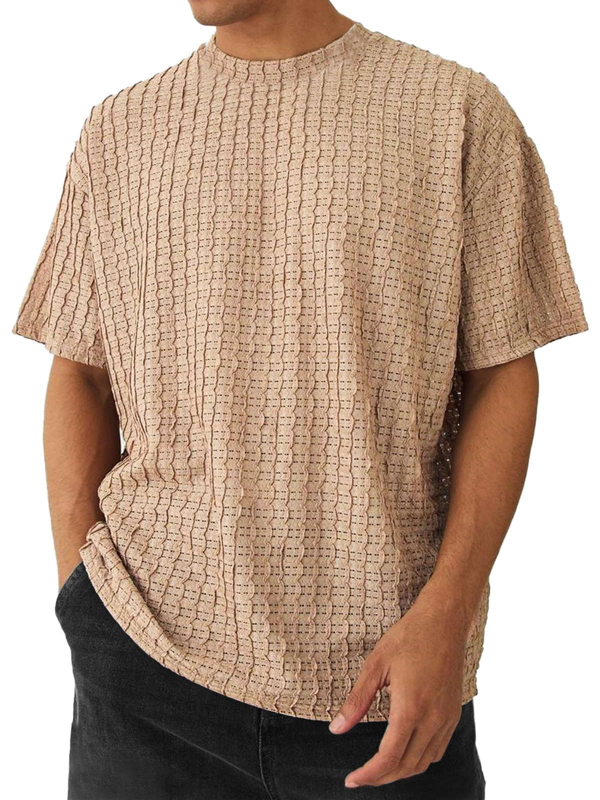 Men's Round Neck Casual Texture Solid Color Short-sleeved T-shirt