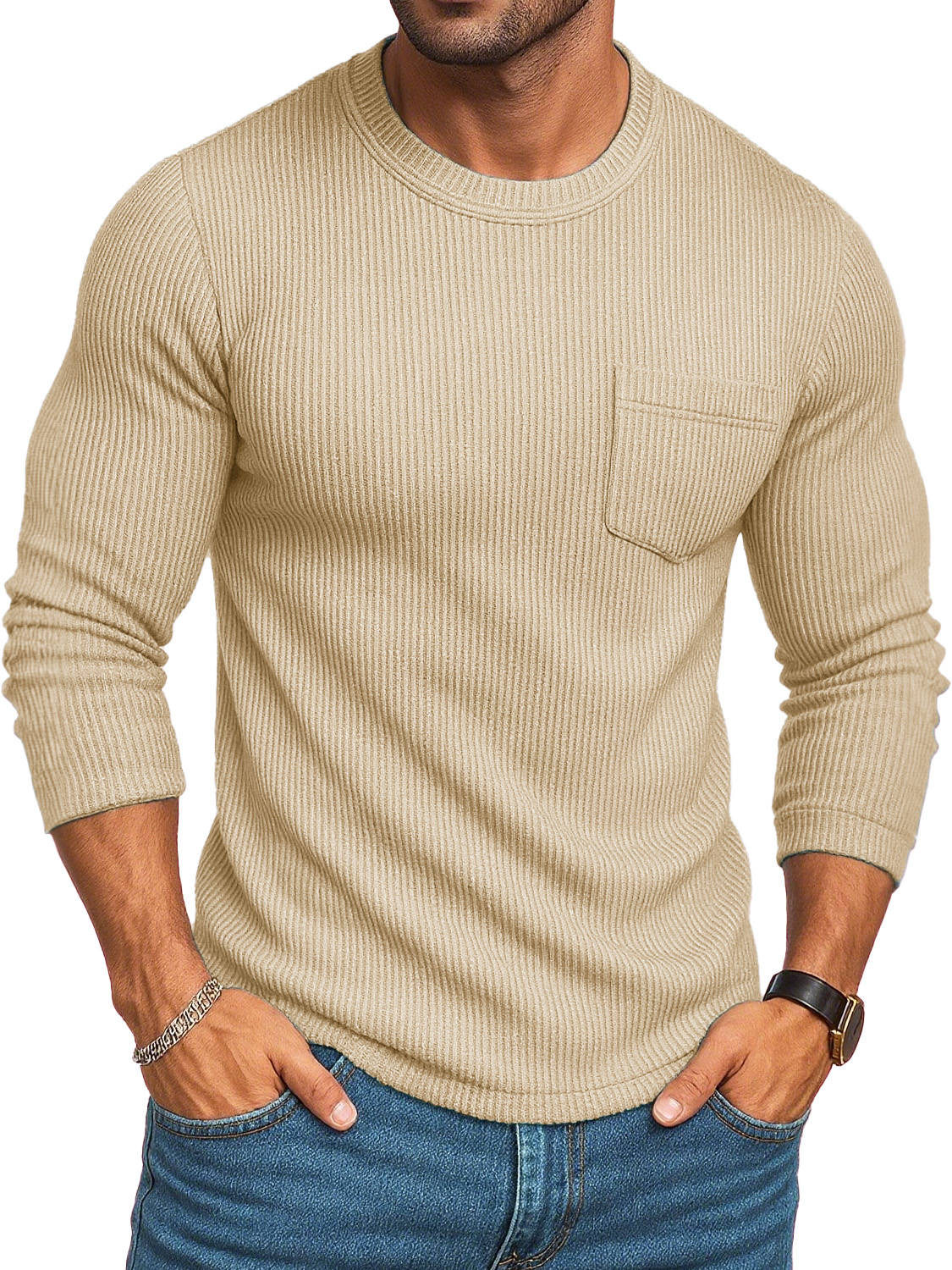 Men's Stylish Casual Retro Round-neck Ribbed Fabric Long-sleeved Pocket T-shirt