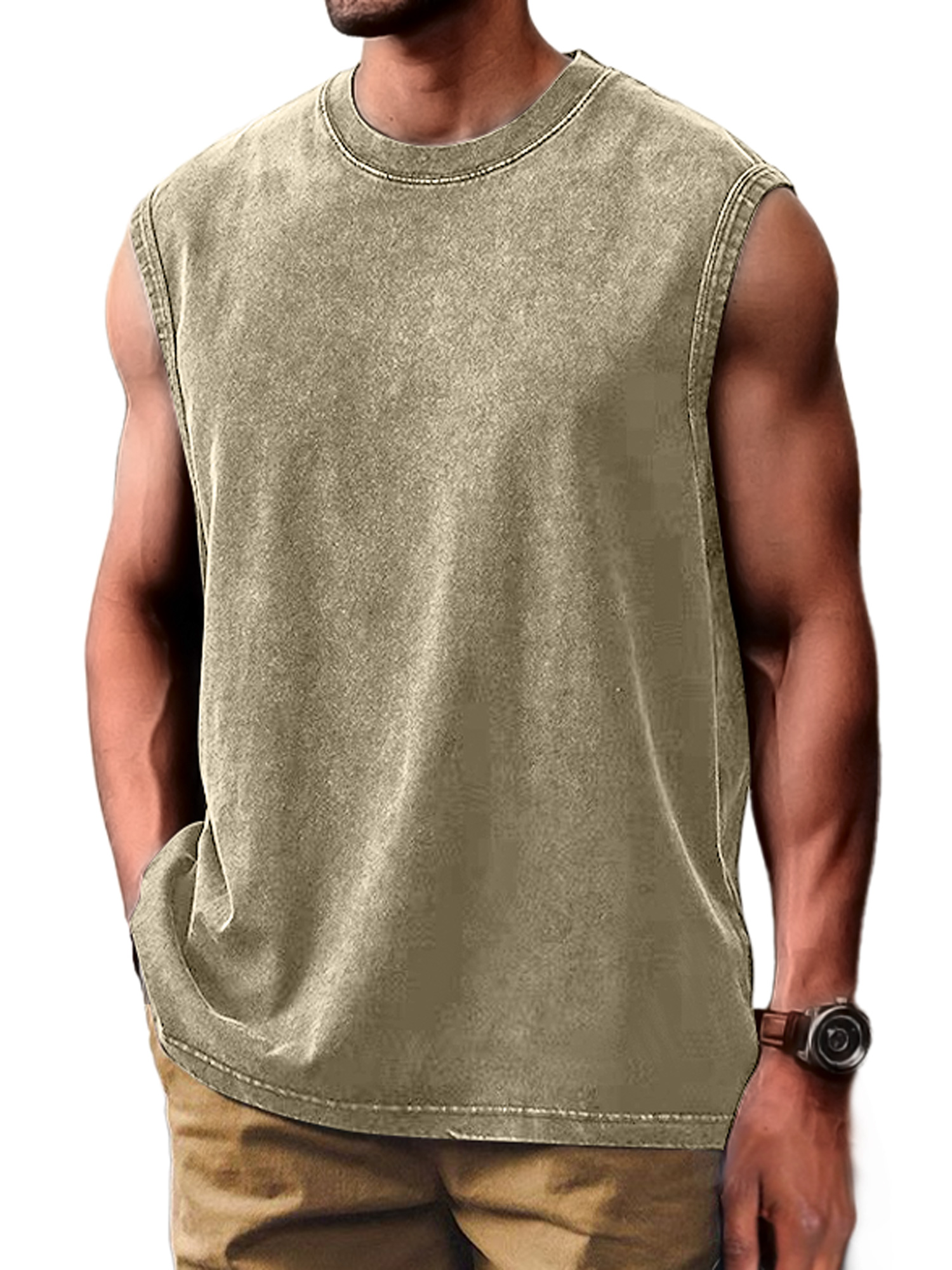 Men's Retro Distressed Fashion Round Neck Casual Solid Color Sleeveless Vest