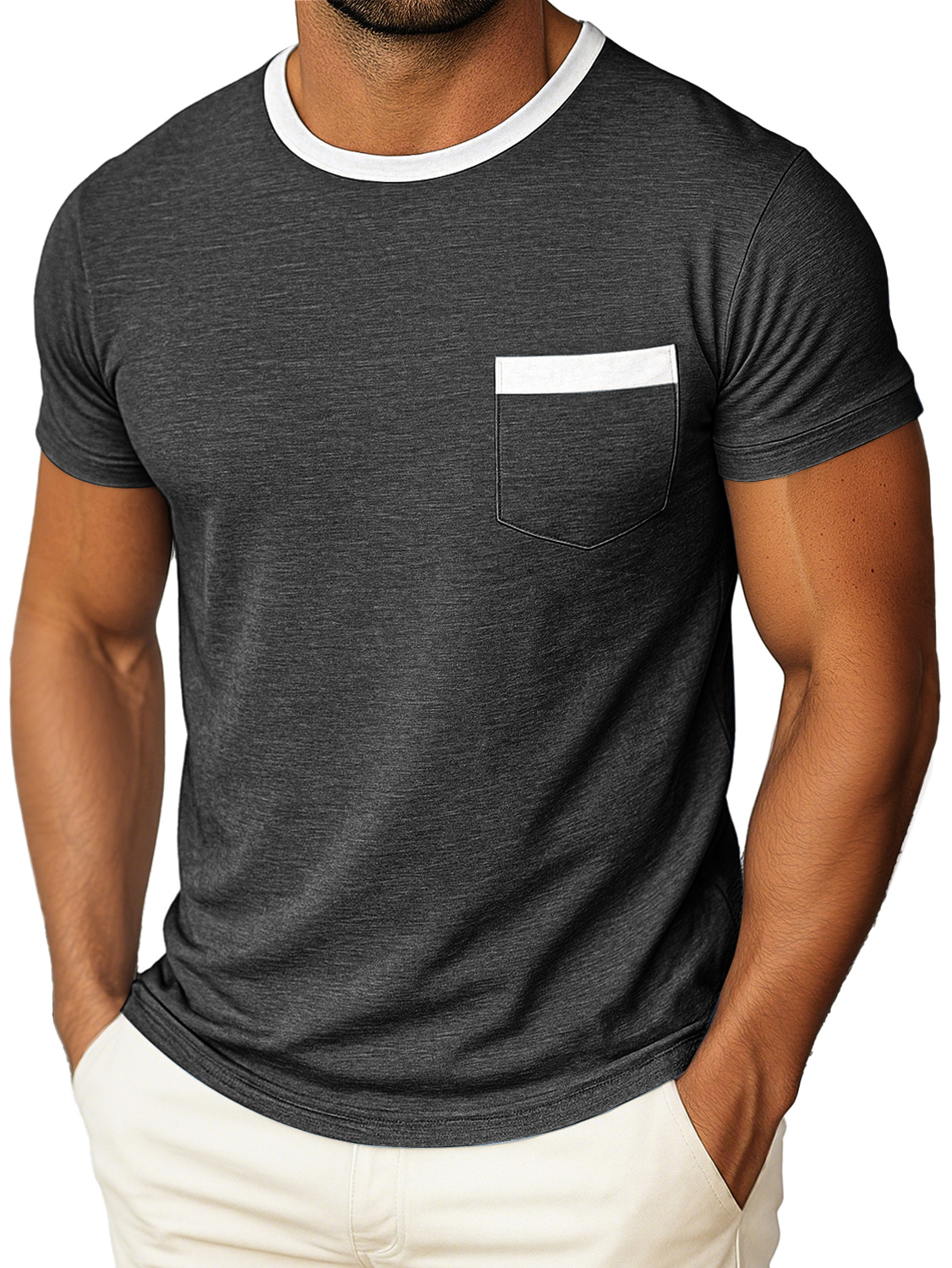 Men's Daily Round Neck Color Matching Pocket Casual Short Sleeve T-shirt
