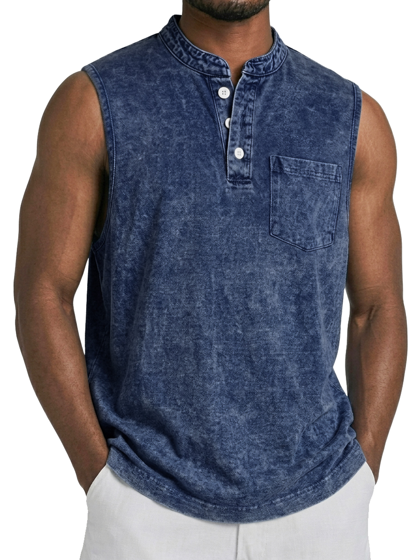 Men's Retro Stand Collar Button Casual Pocket Sleeveless Vest