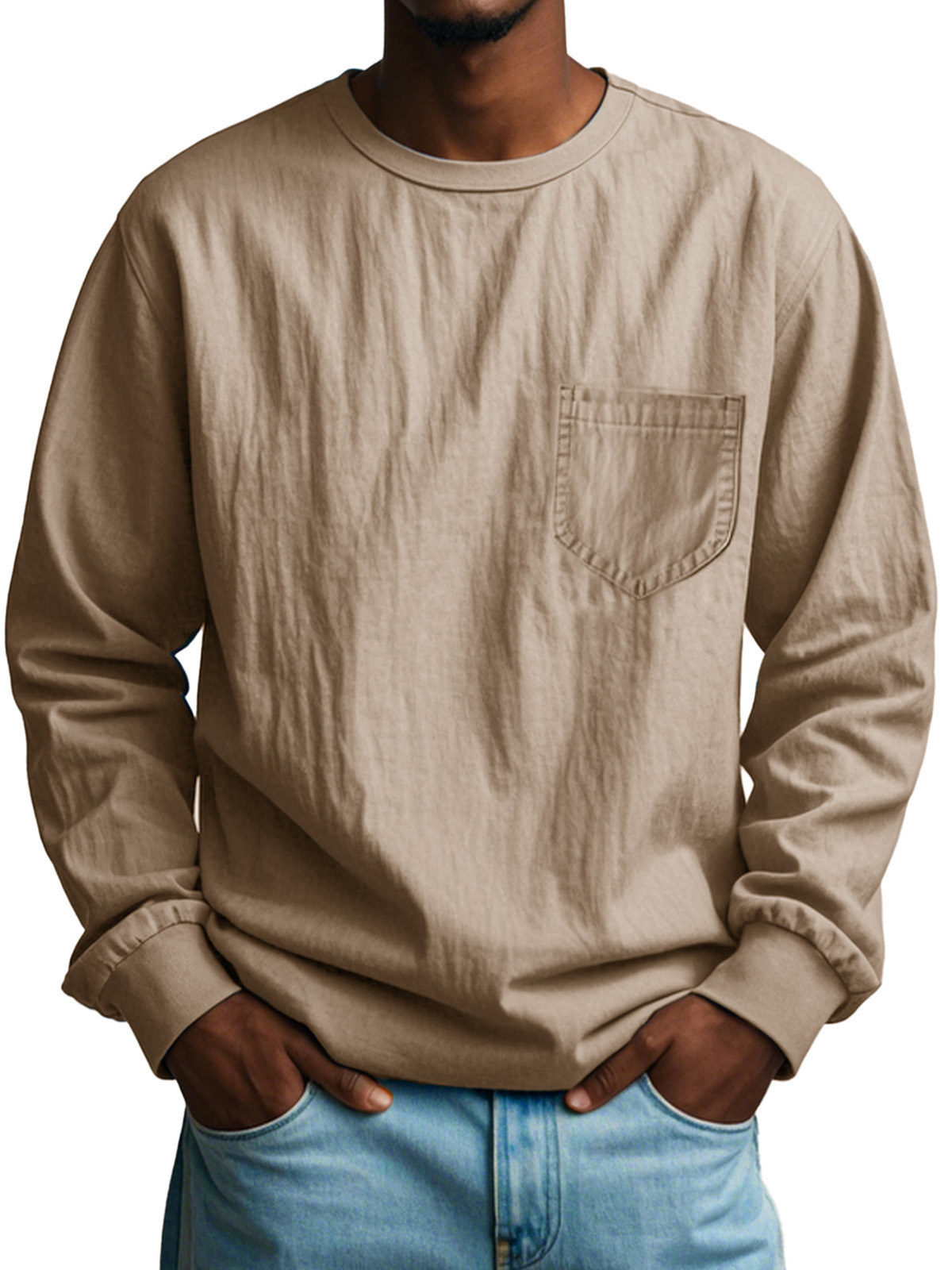 Men's Fashion Casual Pleated Round Neck Long Sleeve Pocket T-Shirt