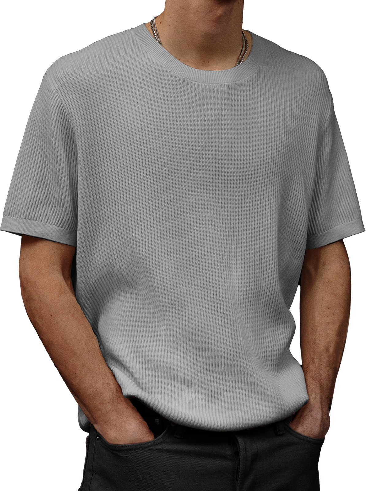 Men's Fashion Casual Waffle Fabric Round Neck Short-sleeved T-shirt