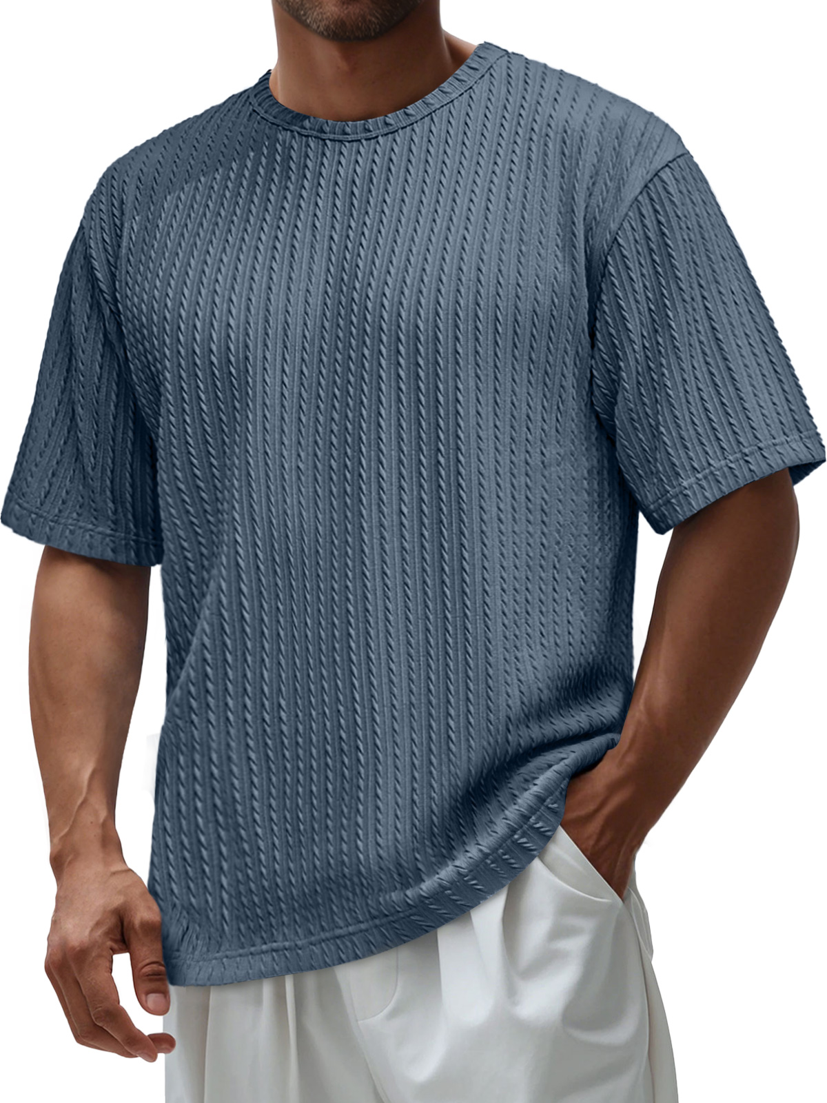 Men's Daily Round Neck Jacquard Texture Casual Solid Color Short-sleeved T-shirt