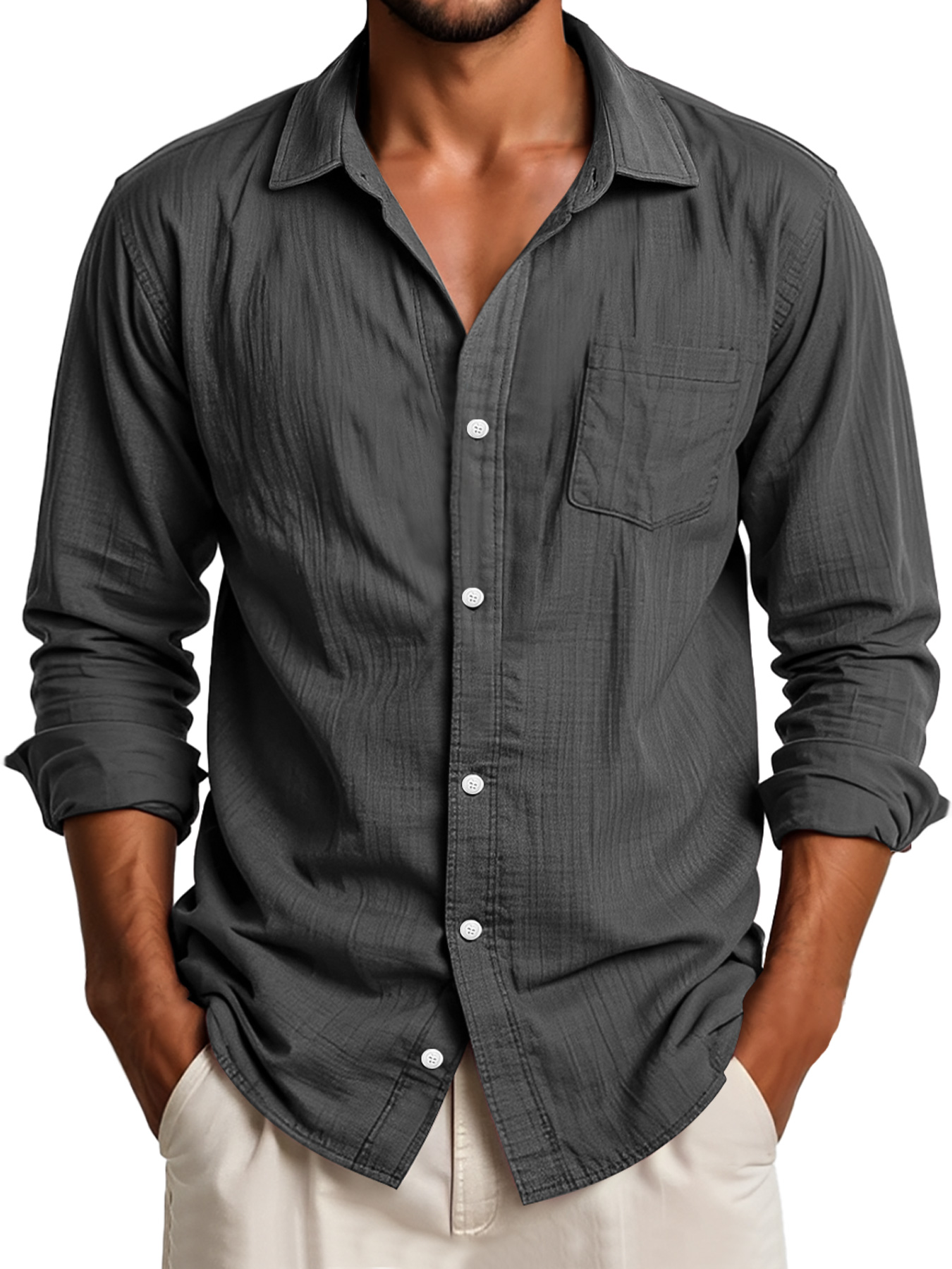 Men's Daily Lapel Pocket Casual Solid Color Long Sleeve Shirt