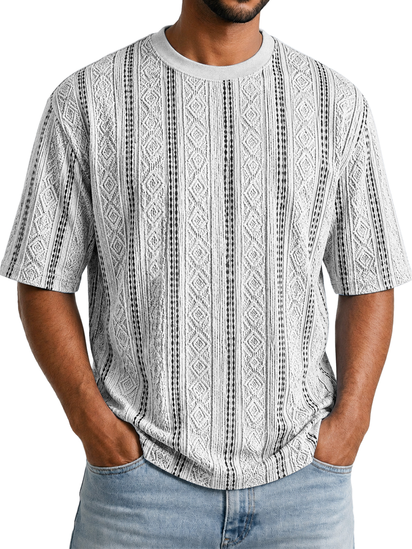 Men's Solid-Color Short-Sleeve Crew-Neck T-Shirt with Jacquard Texture