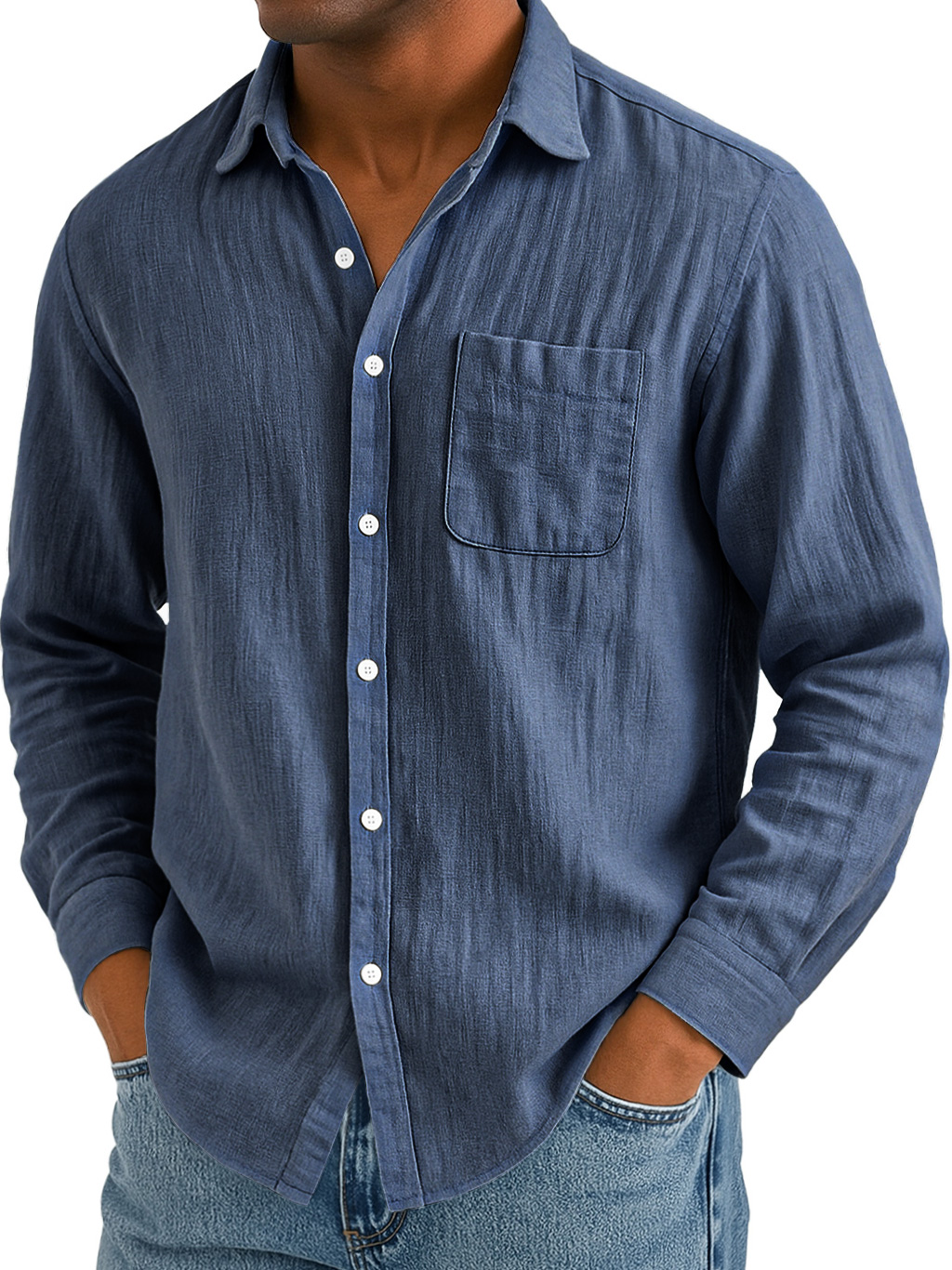 Men's Daily Casual Cotton And Linen Pocket Comfortable Long-sleeved Shirt
