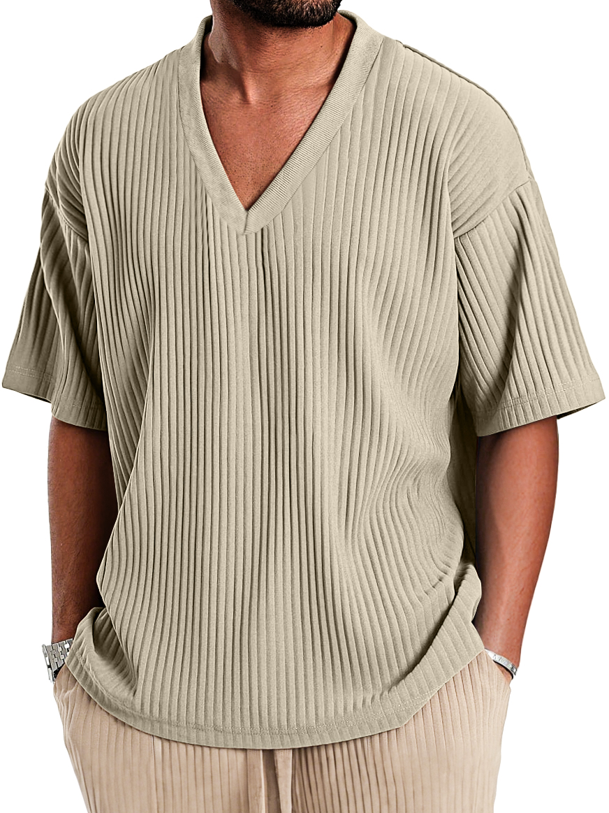 Men's Casual V-neck Ribbed Comfortable Short-sleeved T-shirt