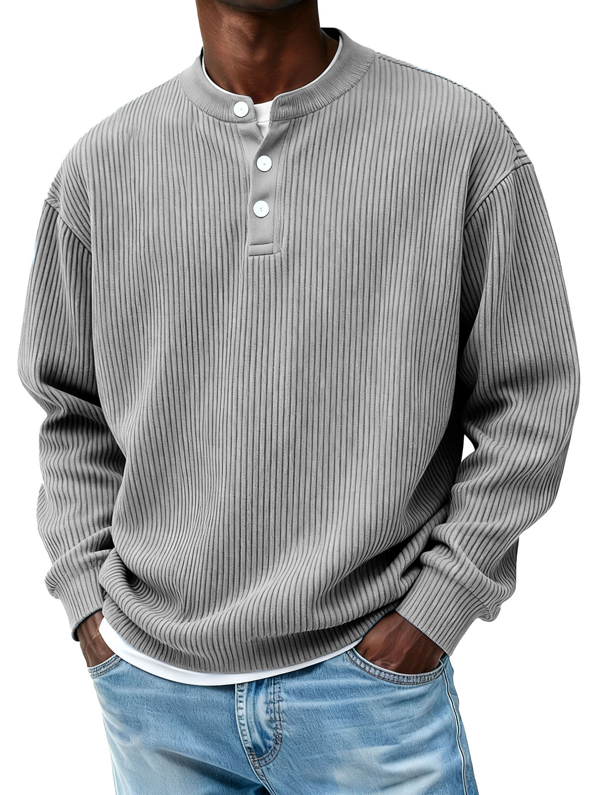 Men's Casual Pit Strip Fabric Three-button Long-sleeved Henry Shirt