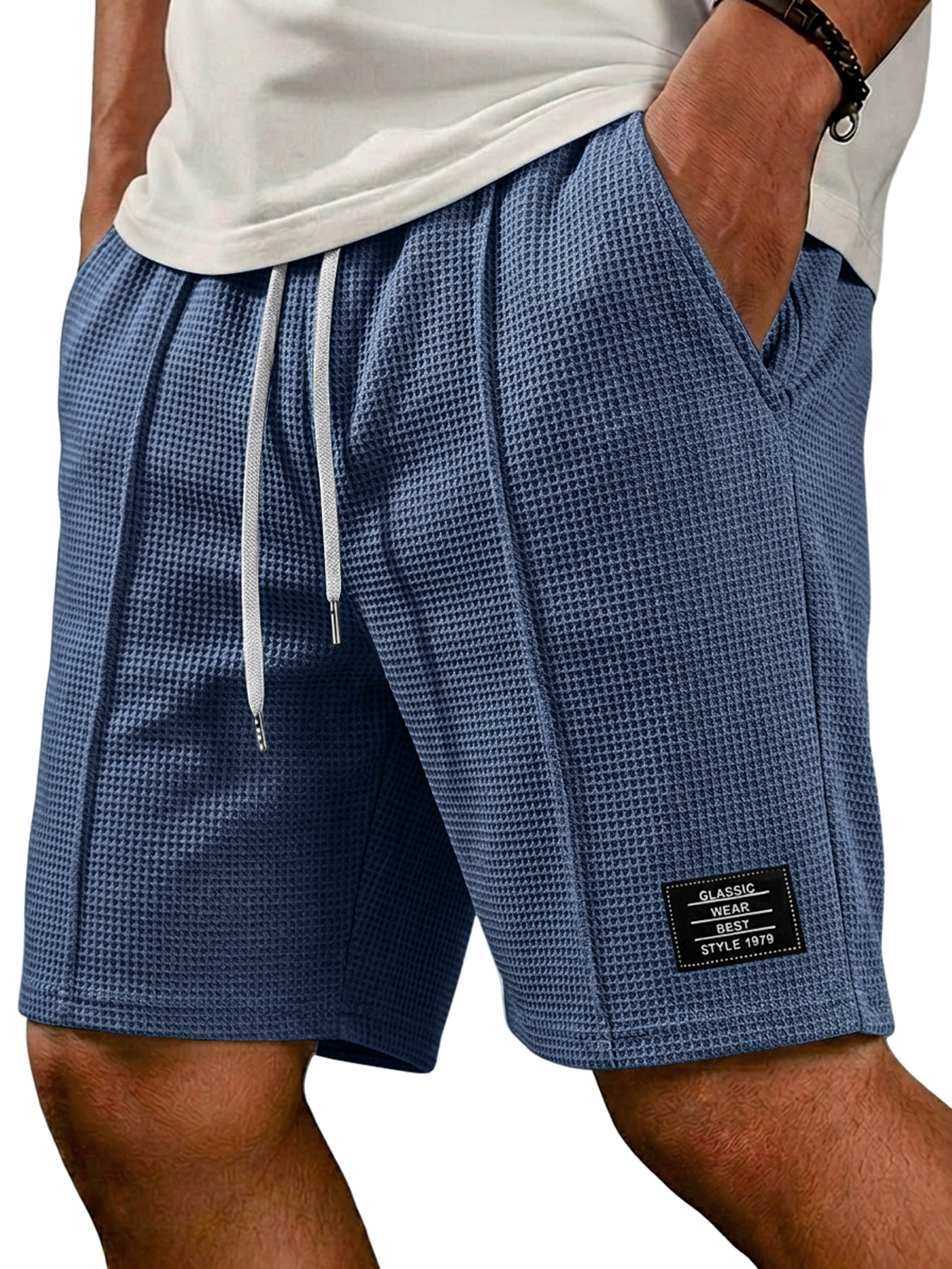 Men's Waffle Embroidered Logo Casual Solid Color Shorts