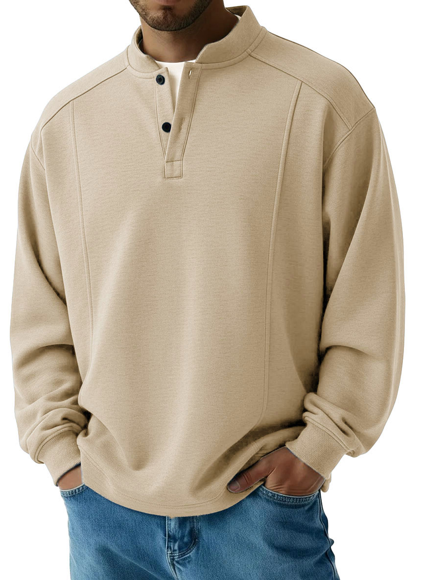 Men's Fashionable Casual Patchwork Stand Collar Long-Sleeved Henley Shirt