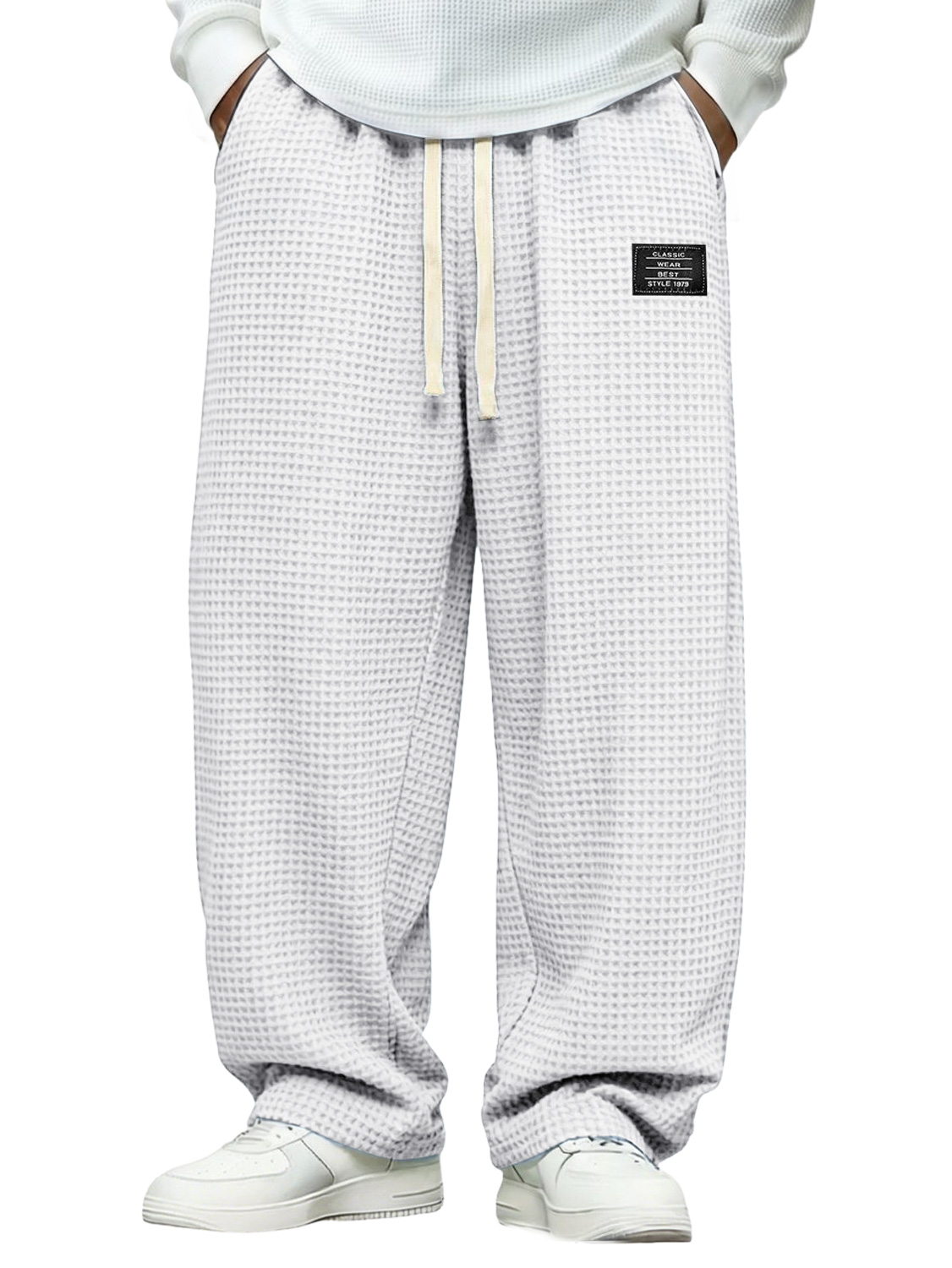 Men's Simple Waffle-knit Casual Loose-fitting Trousers With Embroidered Logo
