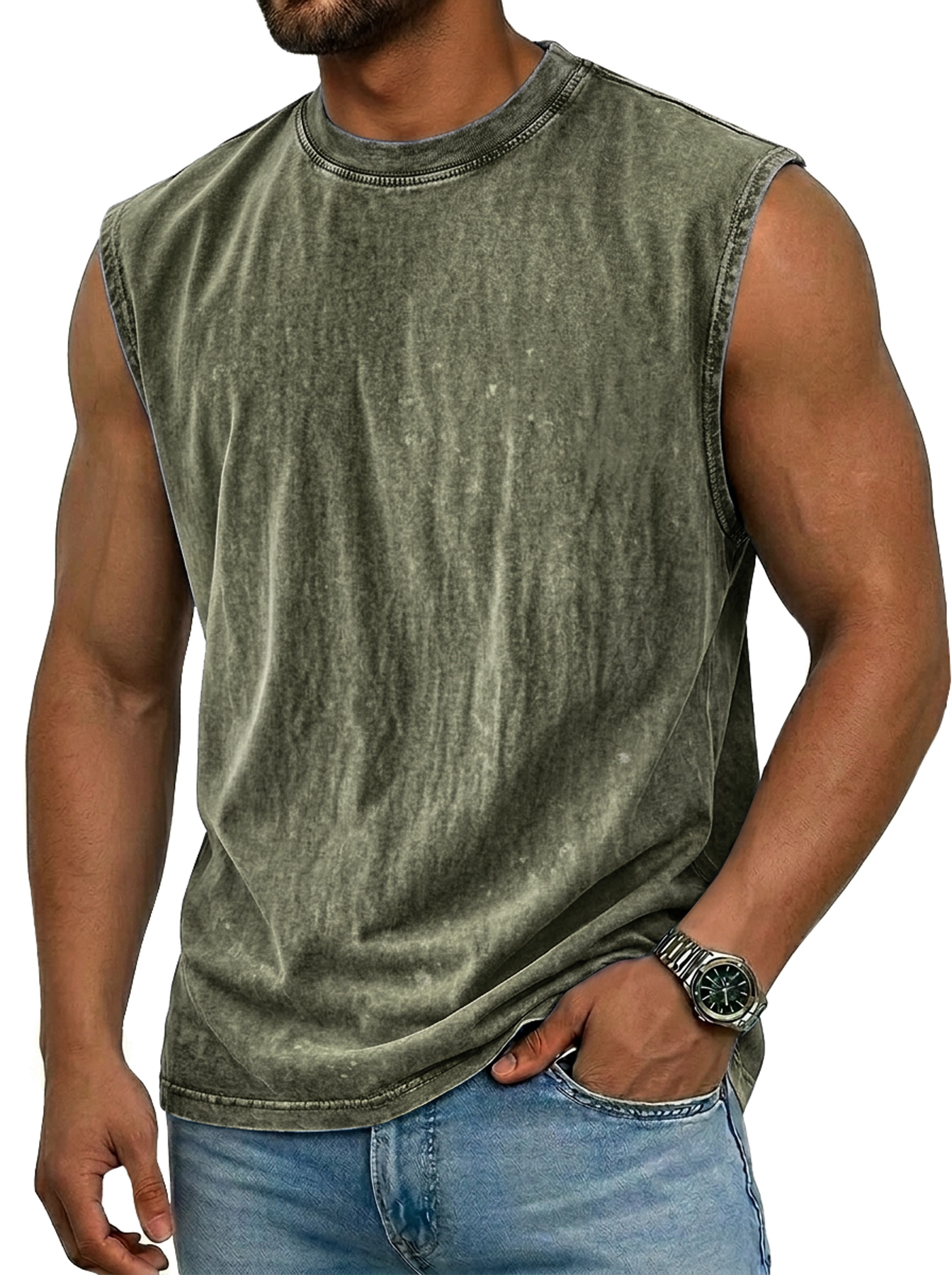 Men's 100% Washed Distressed Crew Neck Casual Sleeveless Vest