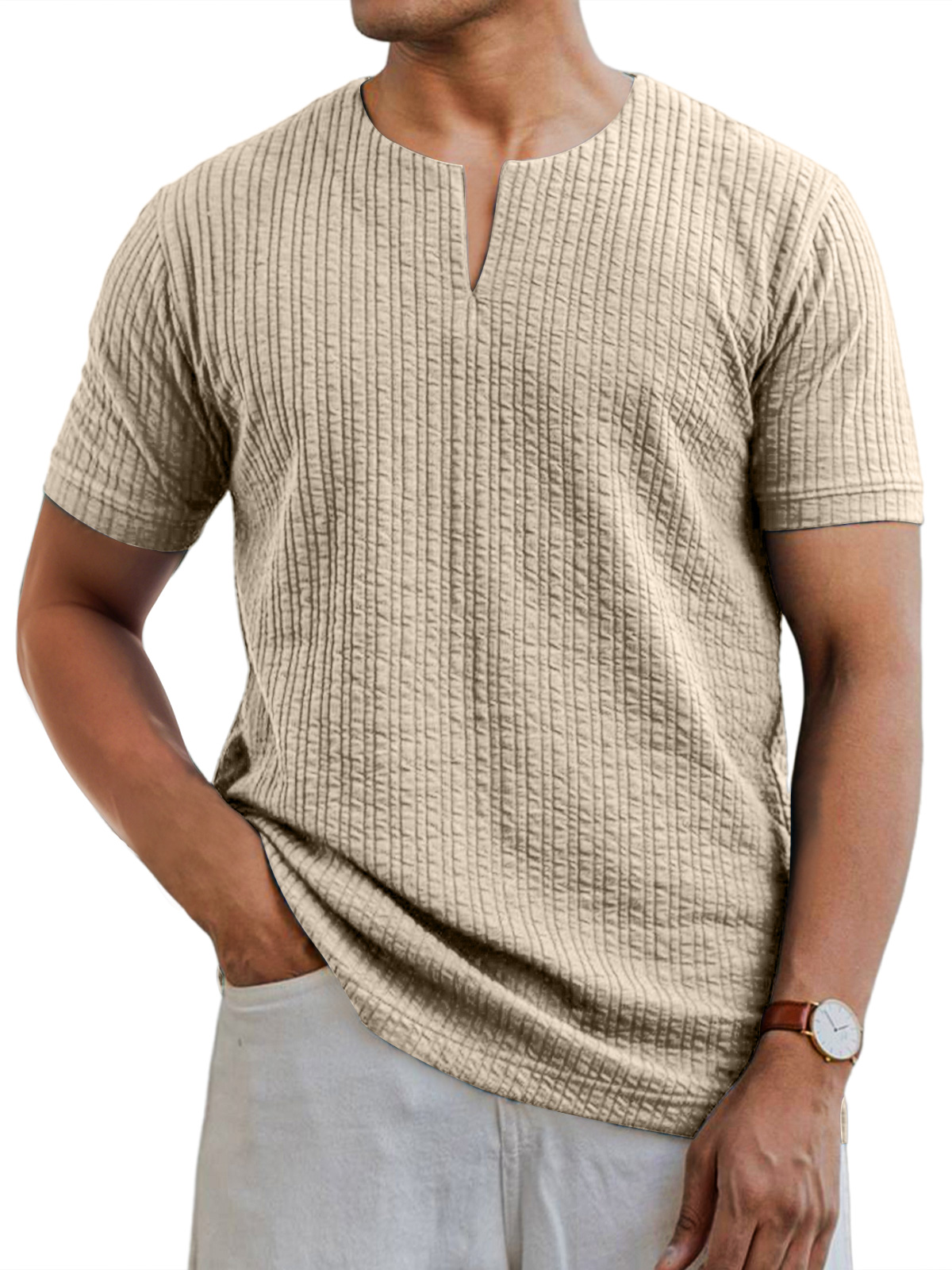 Men's Daily V-neck Pit Strip Casual Solid Color Short-sleeved T-shirt