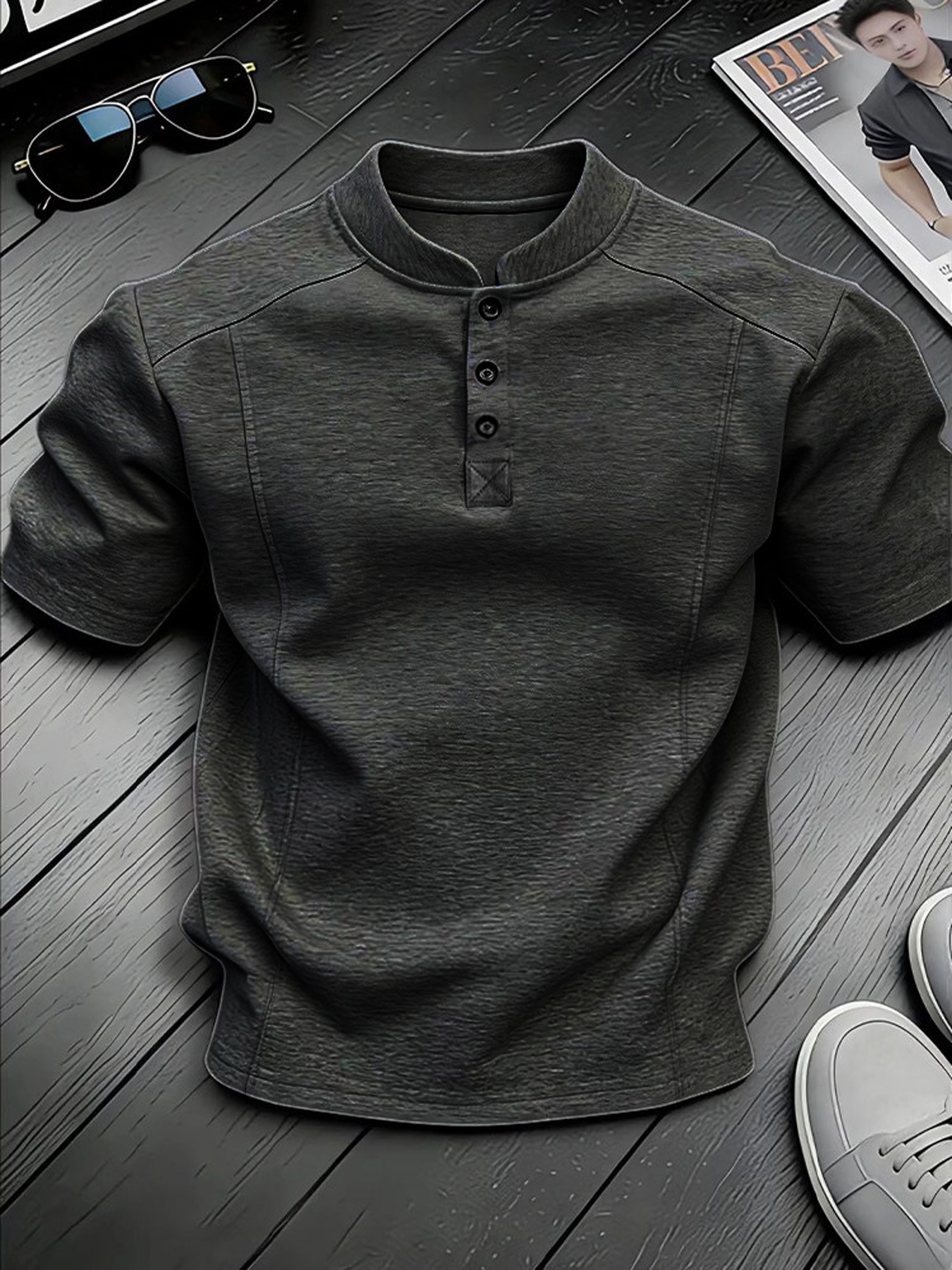 Men's Stand-up Collar Button-down Design Casual Short-sleeved Henley Shirt