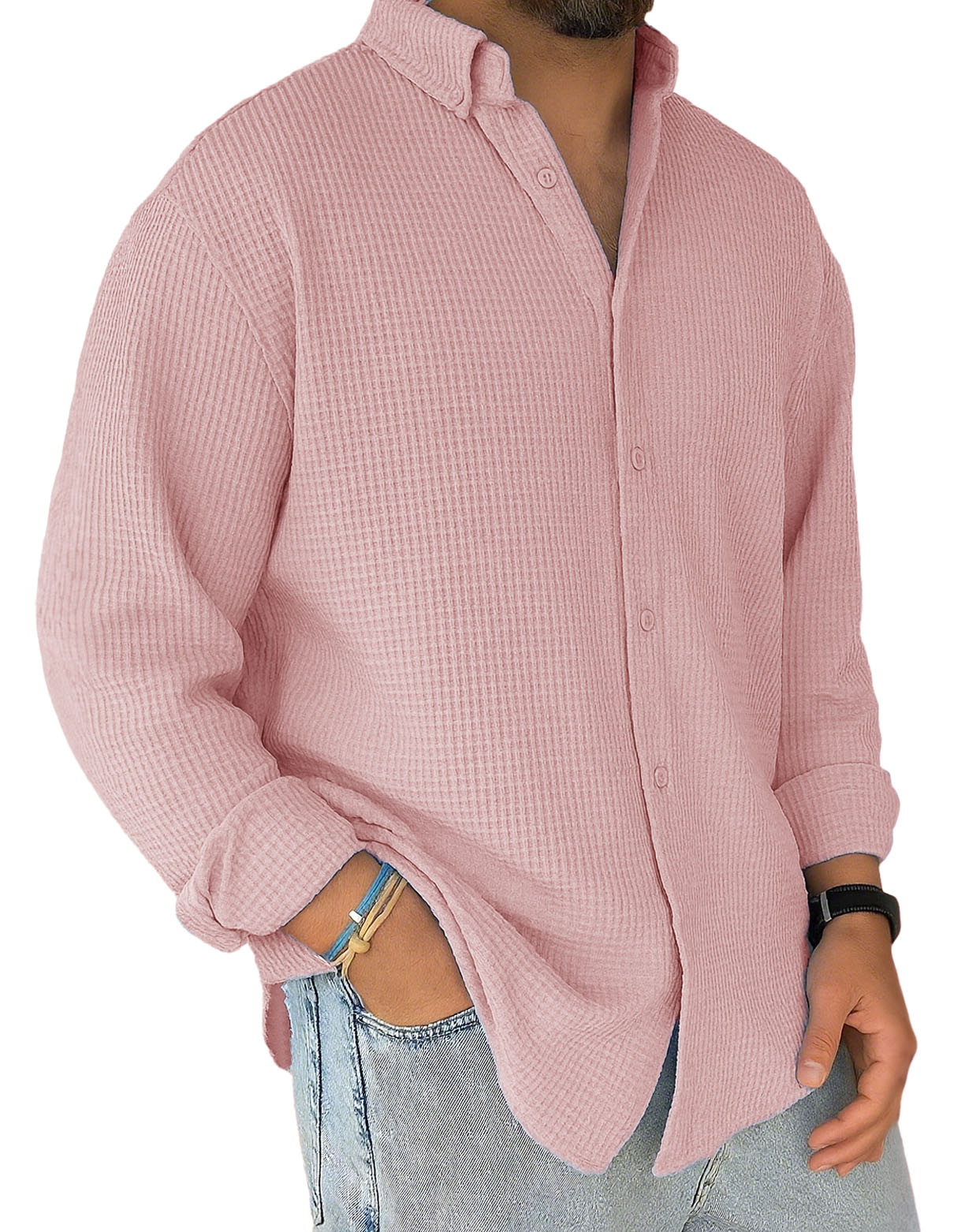 Men's Stylish Casual Everyday Waffle Long-sleeved Lapel Shirt