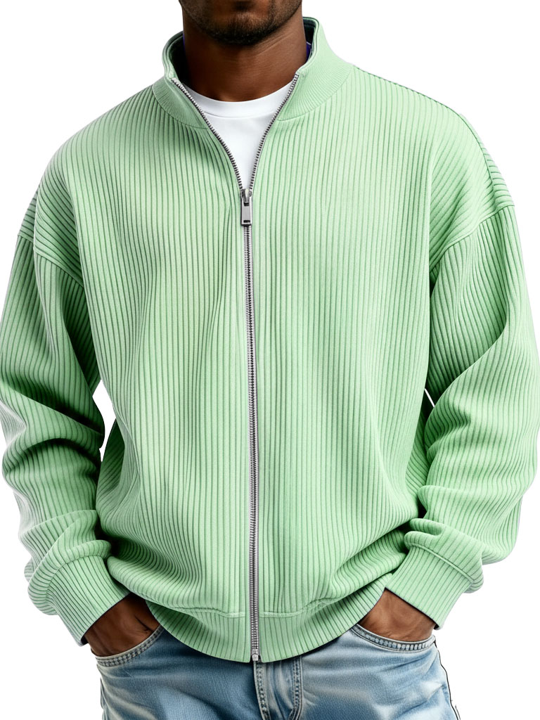 Men's Fashion Casual Stand Collar Ribbed Fabric Long-Sleeve Jacket
