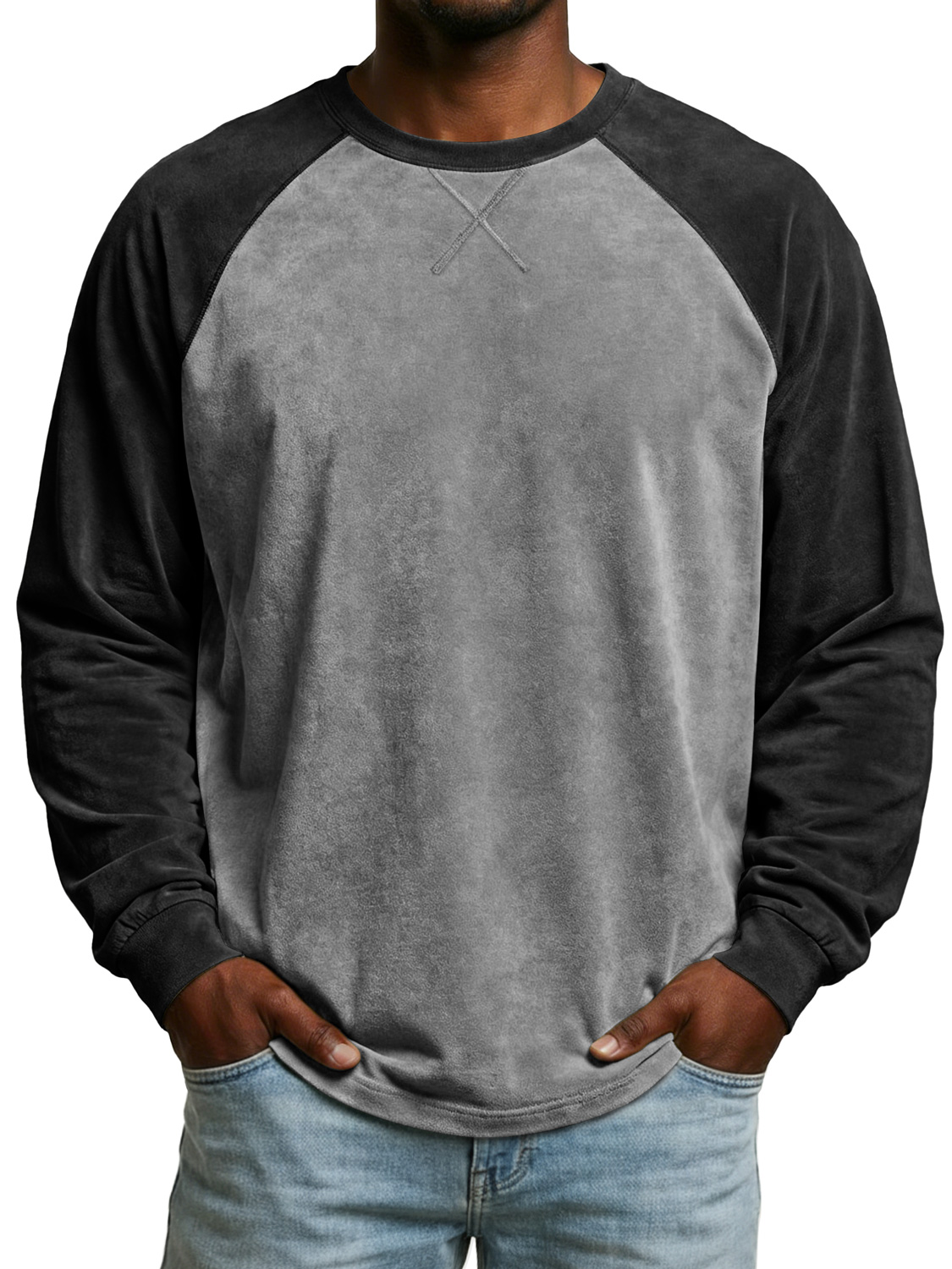 Men's Vintage Suede Patchwork Long-sleeved Casual T-shirt With Criss-cross Design
