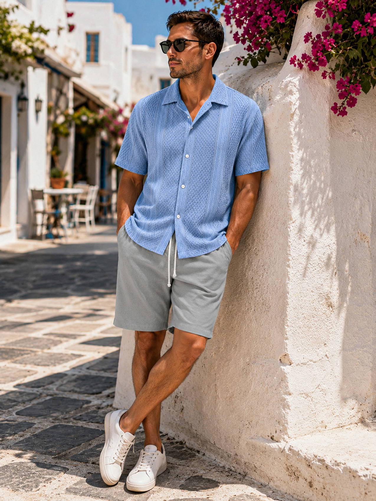 Men's Casual Jacquard Textured Solid Color Short-Sleeve Shirt