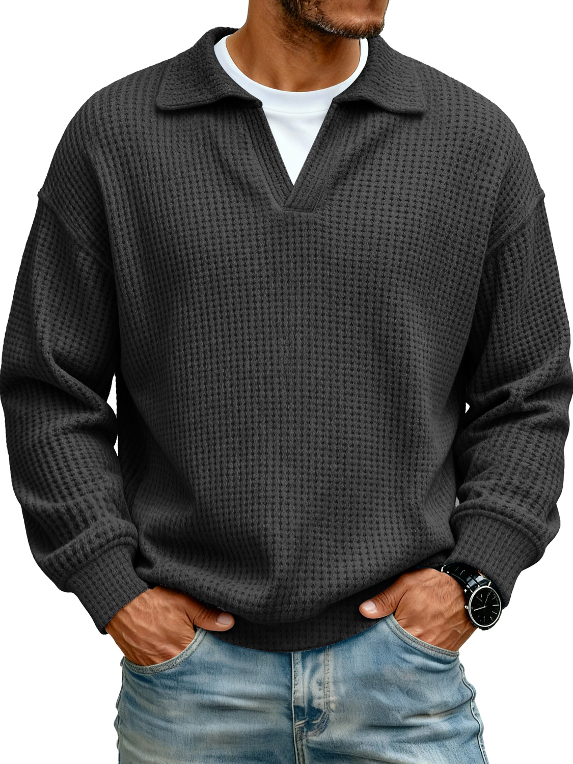 Men's Lapel Faux Two-piece Casual Solid Color Long-sleeved Polo Shirt