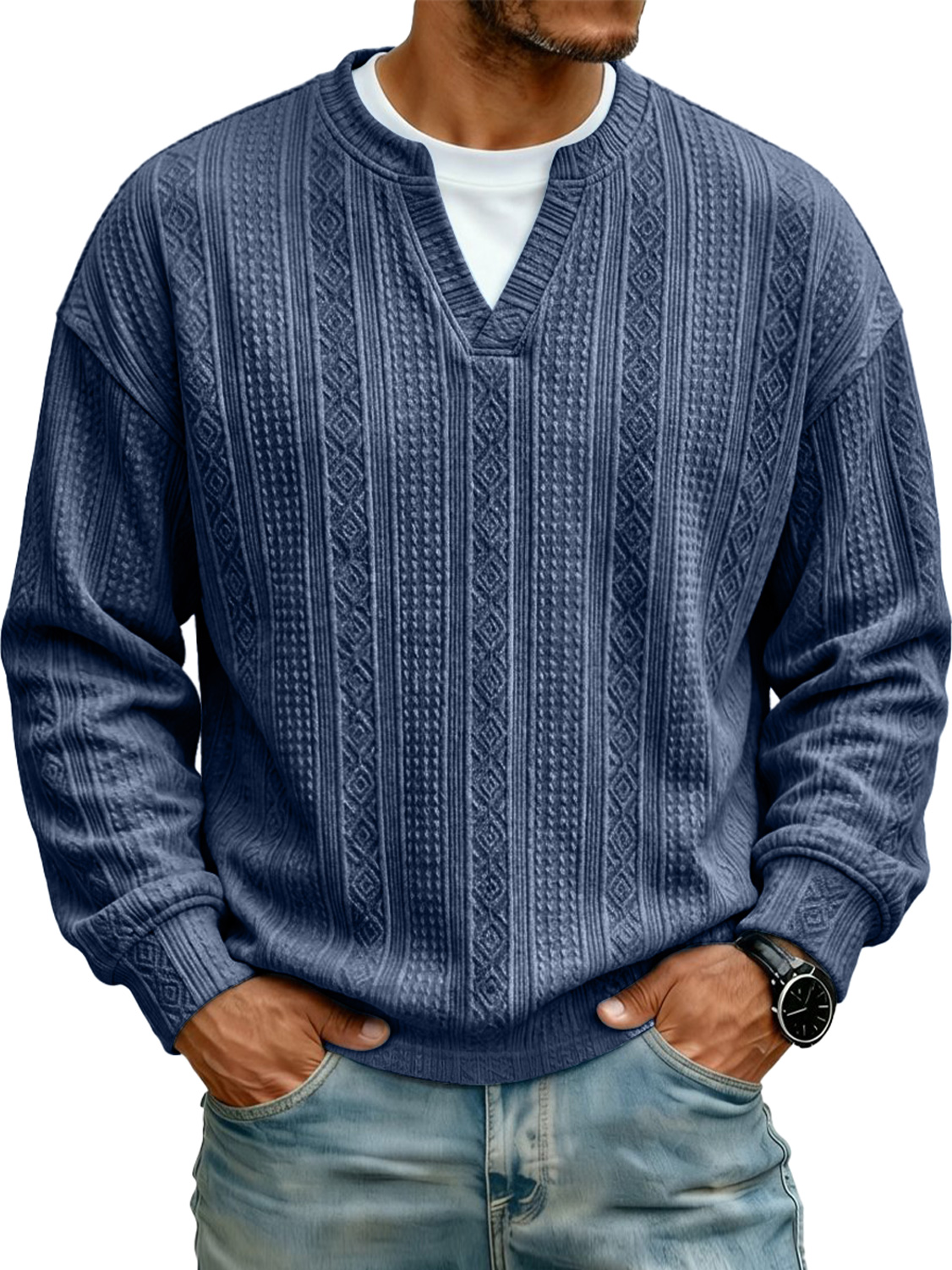 Men's Jacquard Faux Two-piece Casual Long-sleeved T-shi