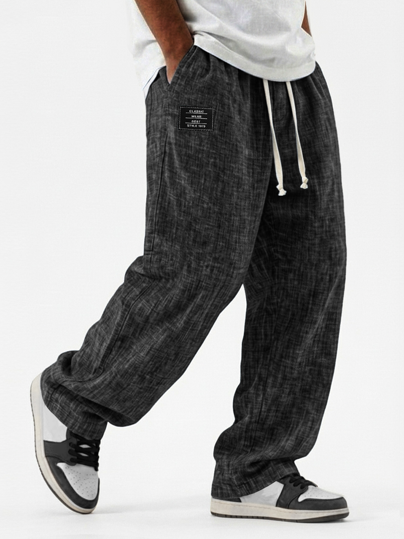 Men's Casual, Breathable Cotton-Linen Loose-Fit Trousers with Embroidered Logo