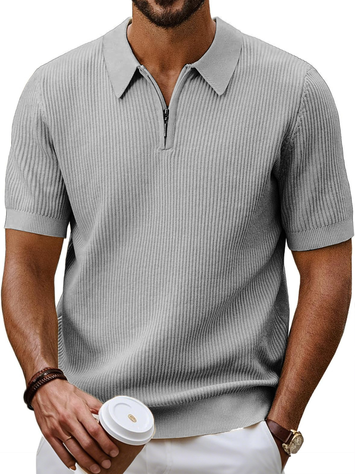 Men's Fashion Daily Casual Ripstop Fabric Zipper Short-sleeved Polo Shirt
