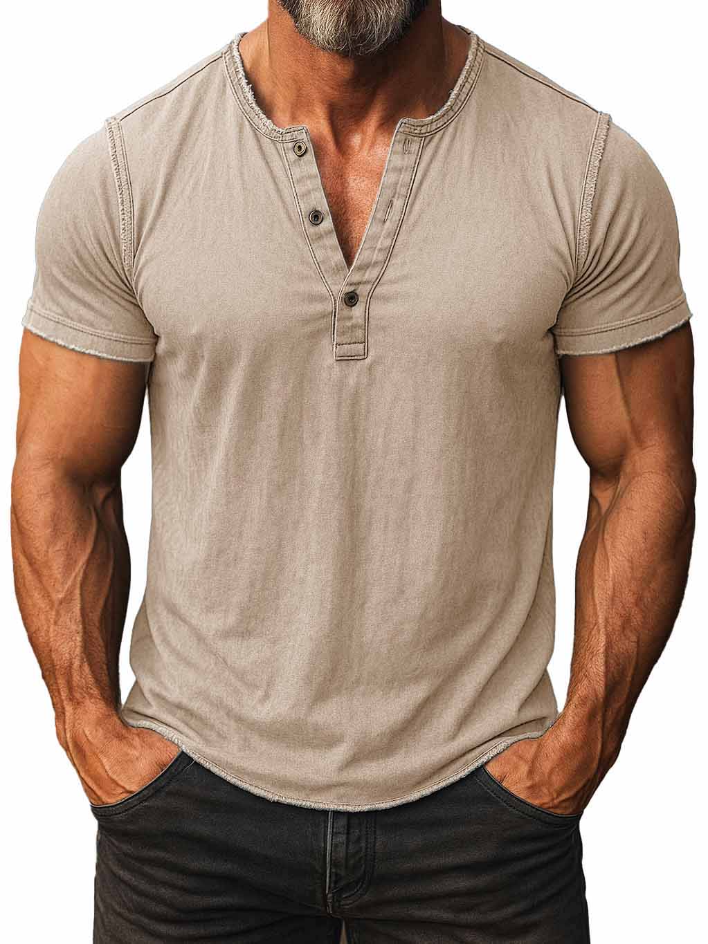 Men's Fashion Retro Distressed Short-sleeved Henley Shirt