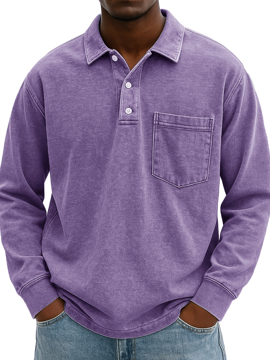 Men's Stylish Vintage Distressed Pocket Lapel Long-sleeved Polo Shirt